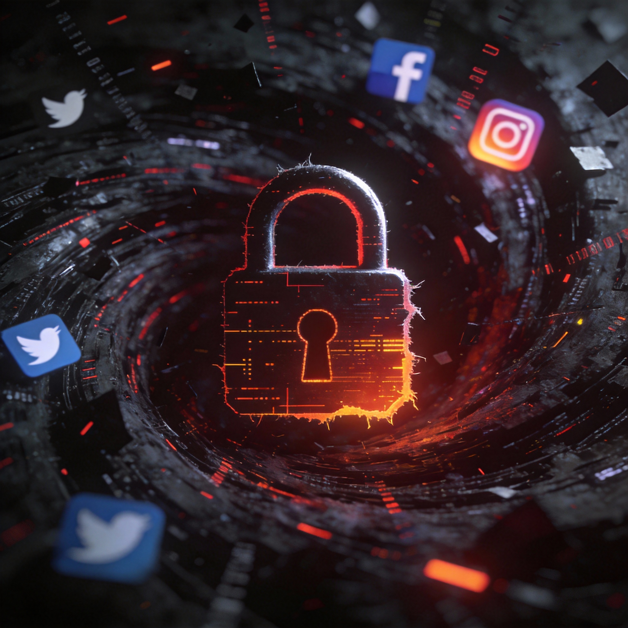Abstract image of a digital padlock surrounded by chaotic data, symbolizing security risks.