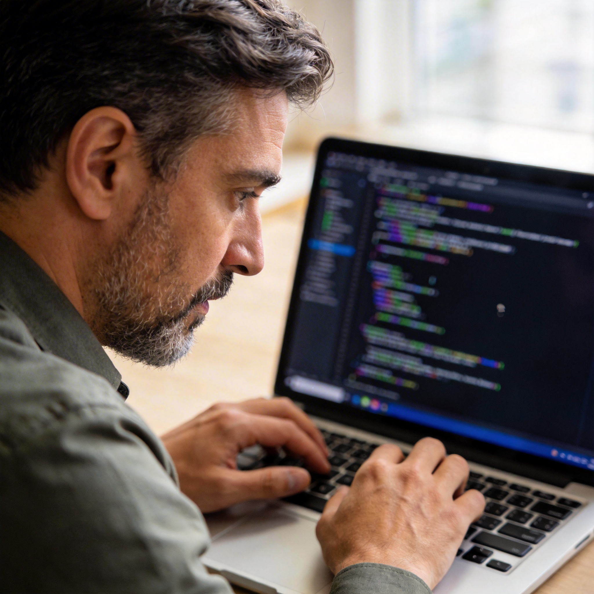 Software engineer coding on a laptop in a modern office, representing AI coding assistants.