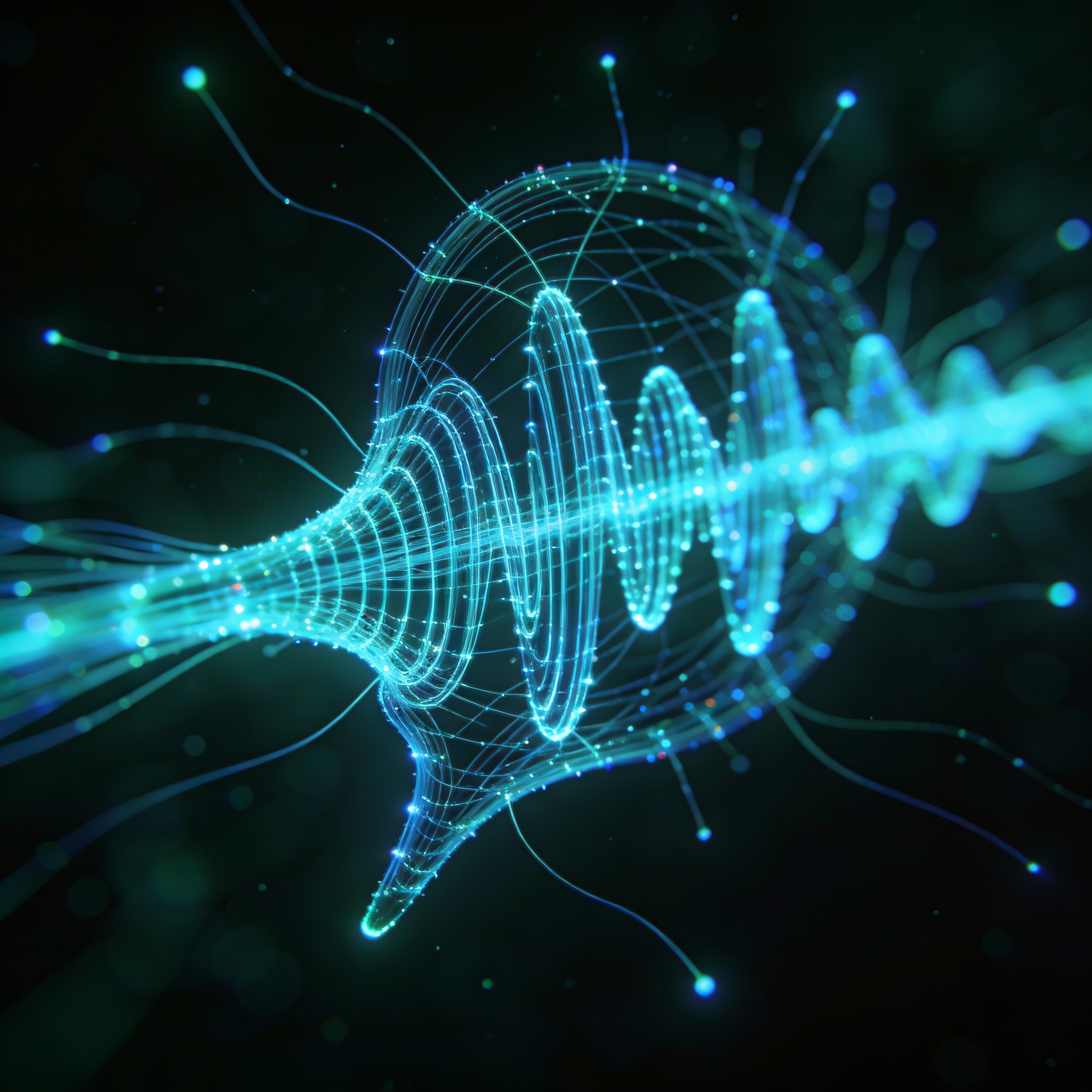 Abstract 3D visualization of glowing neural network strands forming a sound wave pattern.