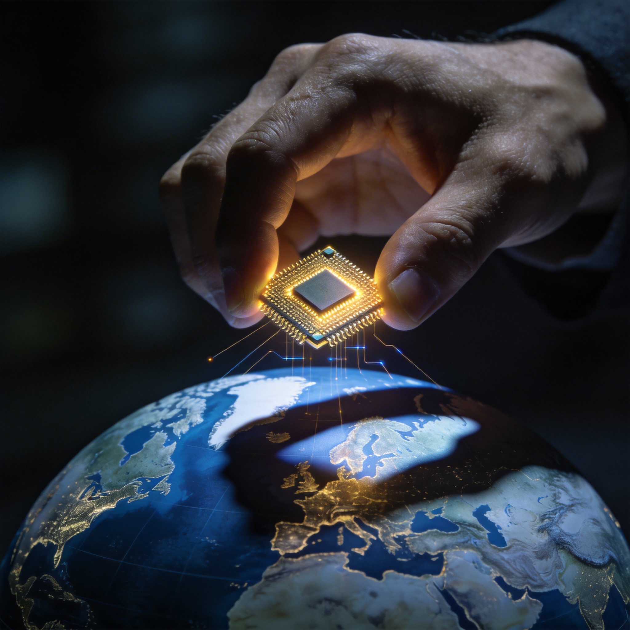 A large hand casting a shadow over a glowing microchip placed on a globe, symbolizing economic sovereignty infringement.
