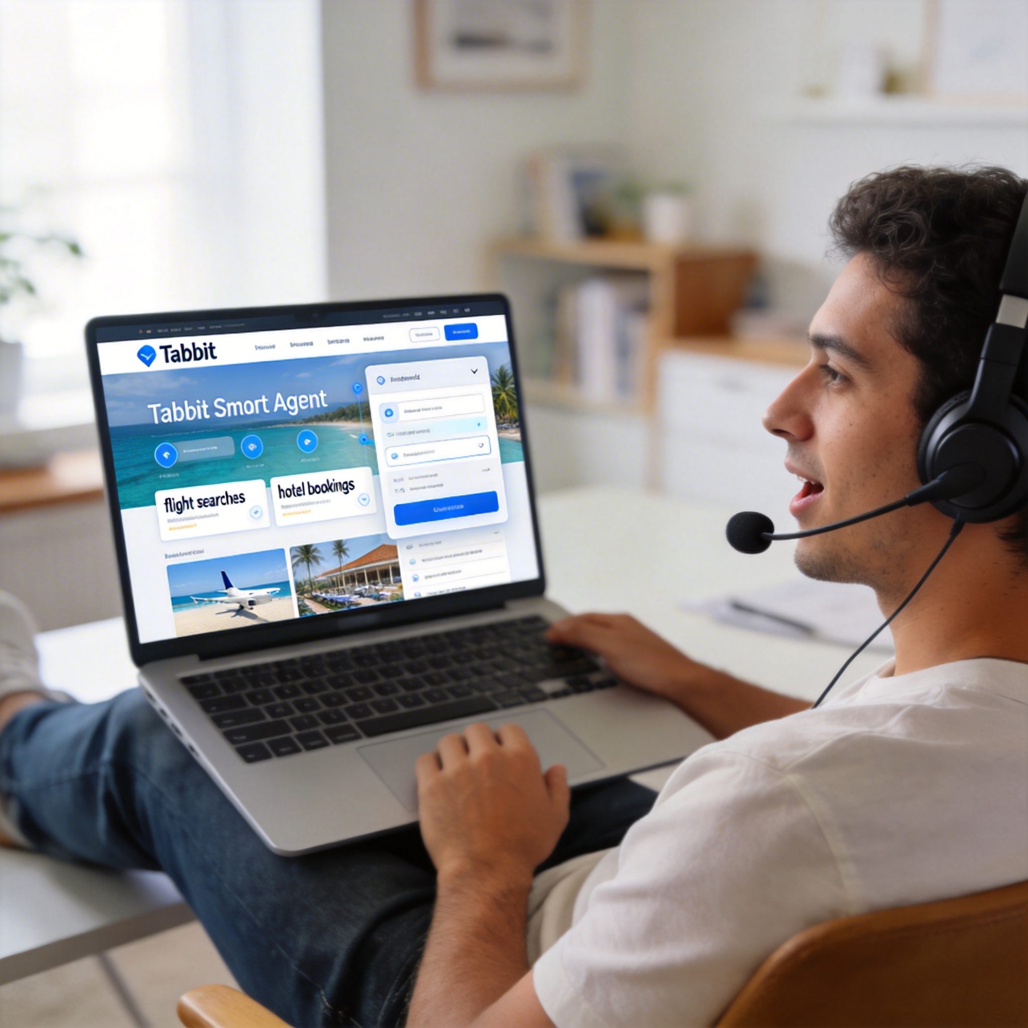 User verbally interacting with Tabbit Smart Agent for travel planning on a laptop, showing automated search.