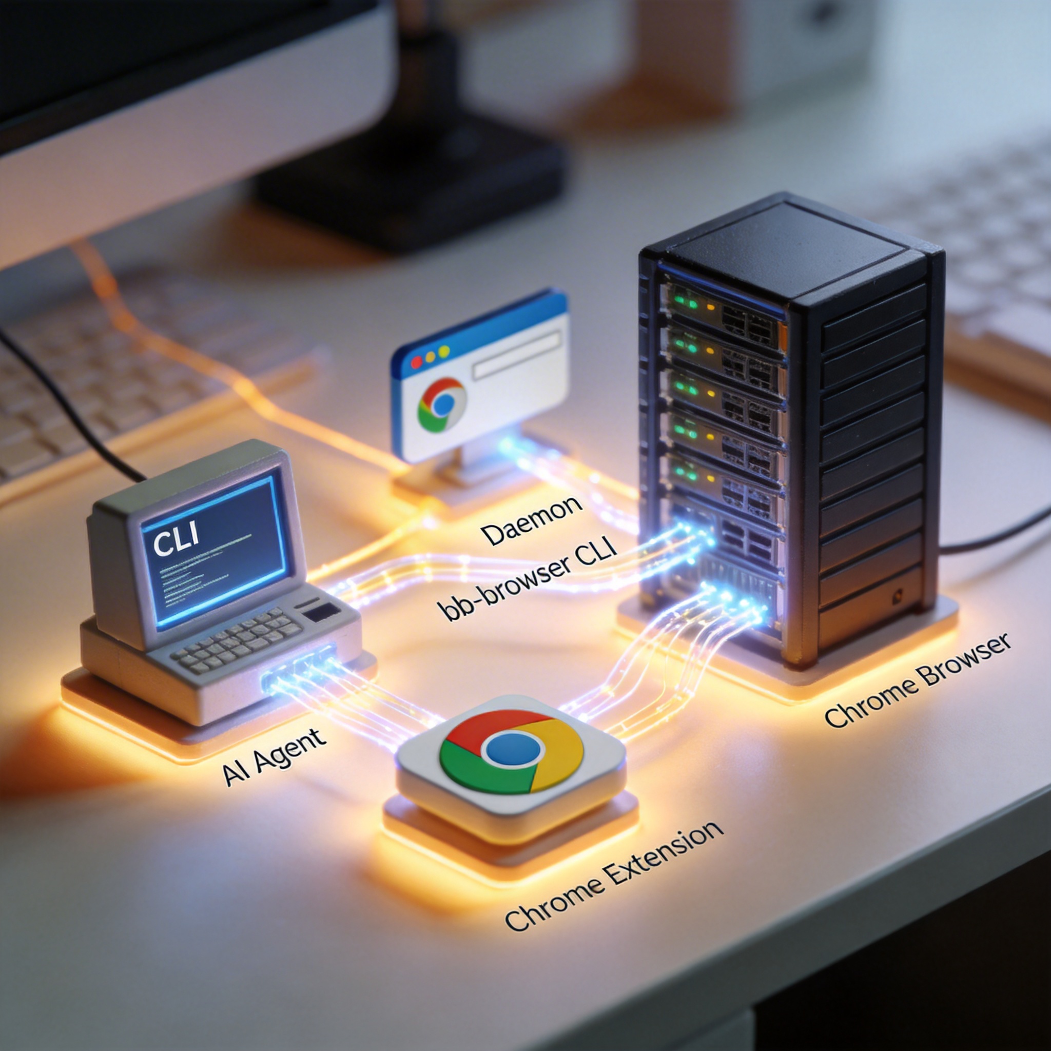3D physical model illustrating the architecture of Bad Boy Browser, showing interconnected components.