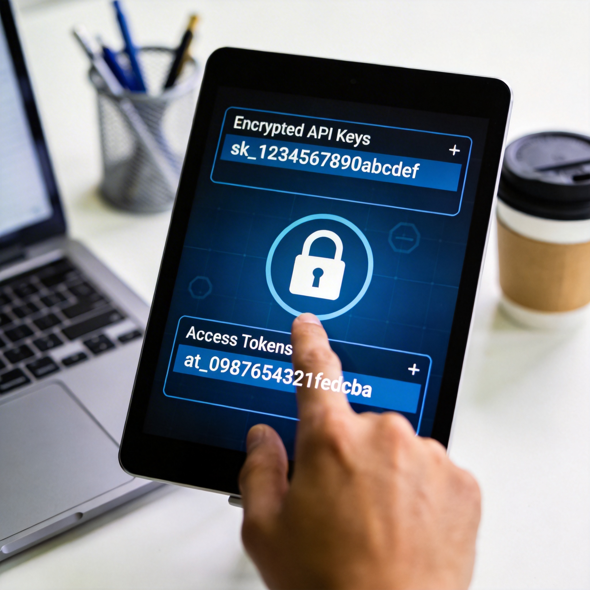 Digital vault interface on a tablet displaying encrypted API keys and access tokens.