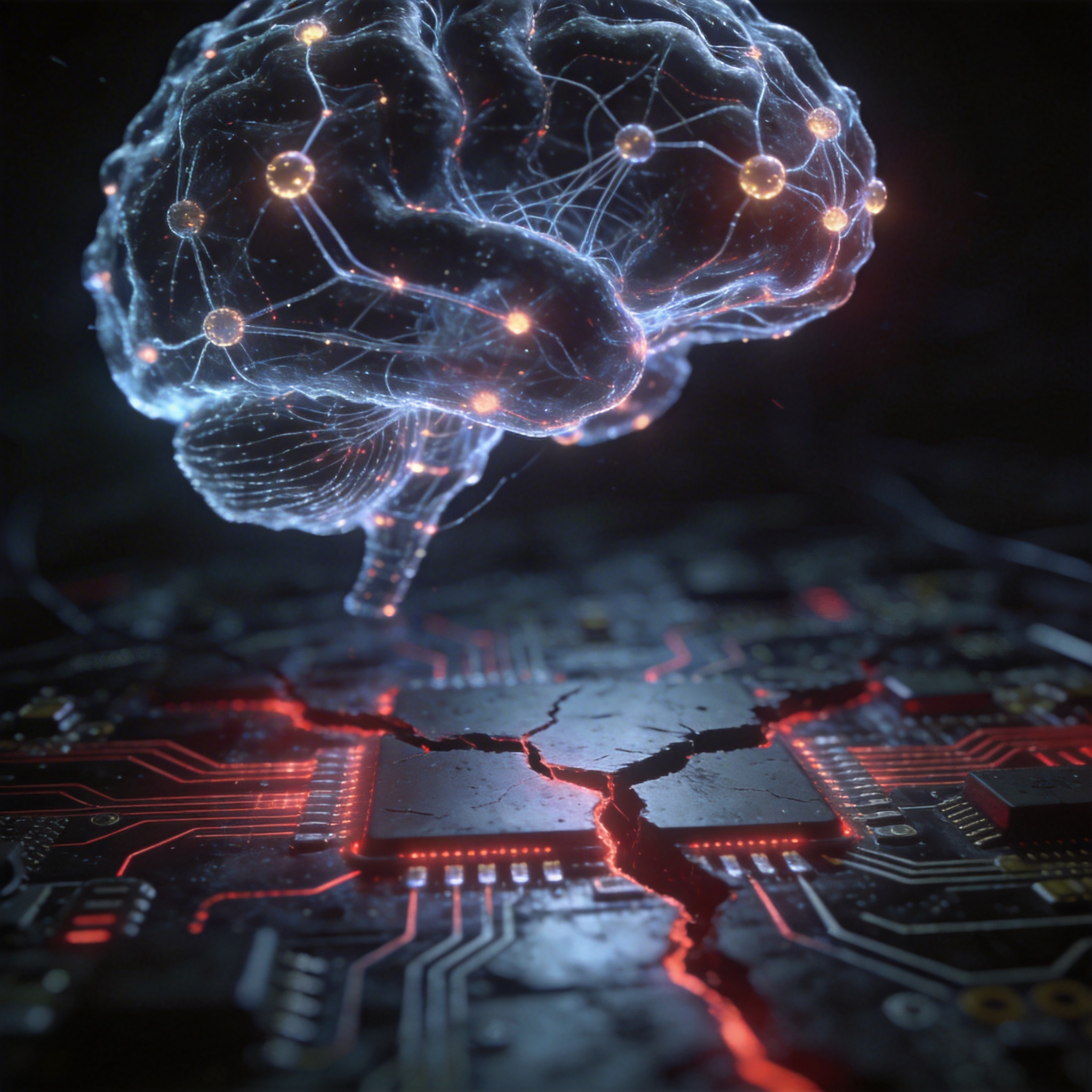 Digital brain over a cracked circuit board, symbolizing powerful AI with security risks.