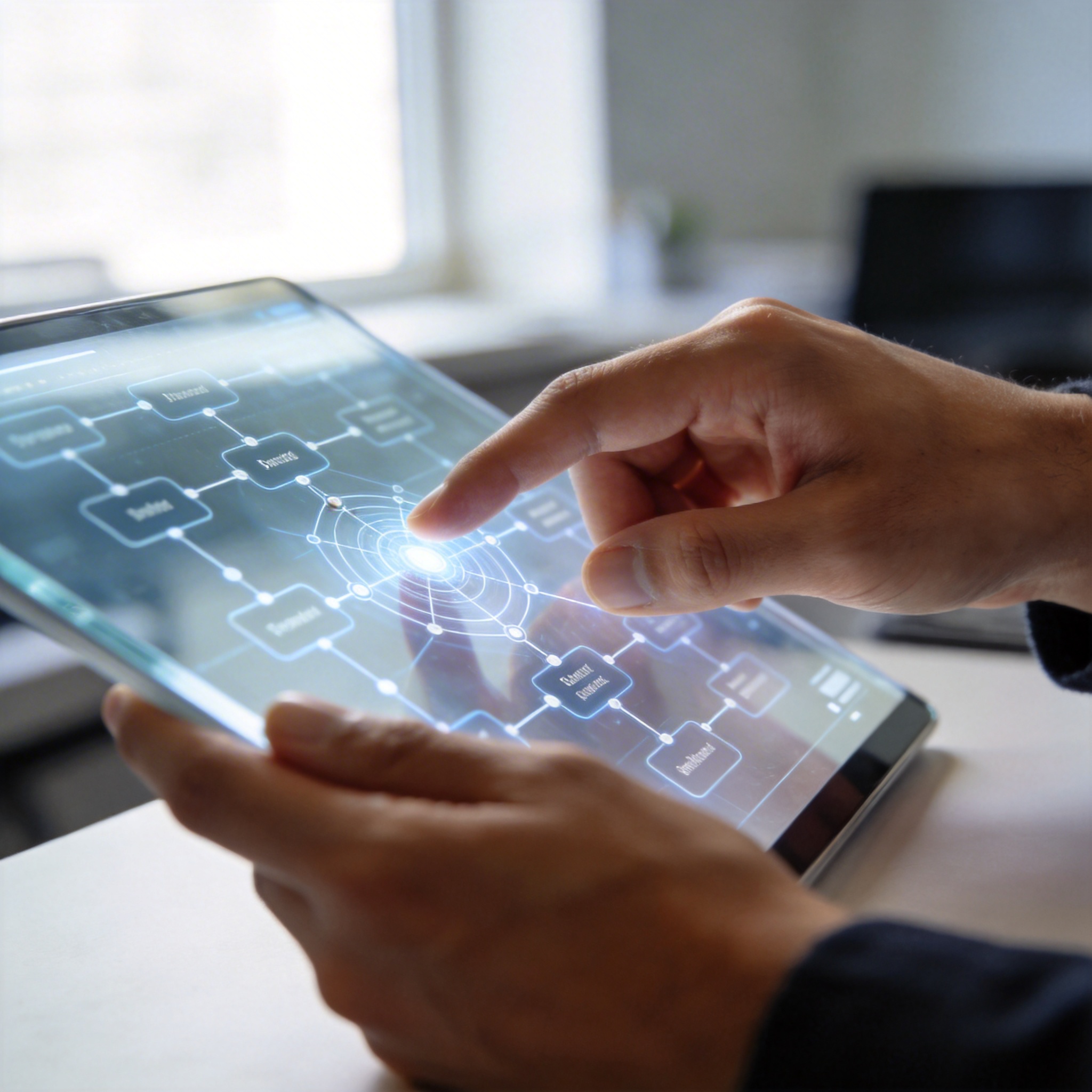 Hands interacting with a holographic interface showing a complex network, symbolizing reasoning and tool-calling.