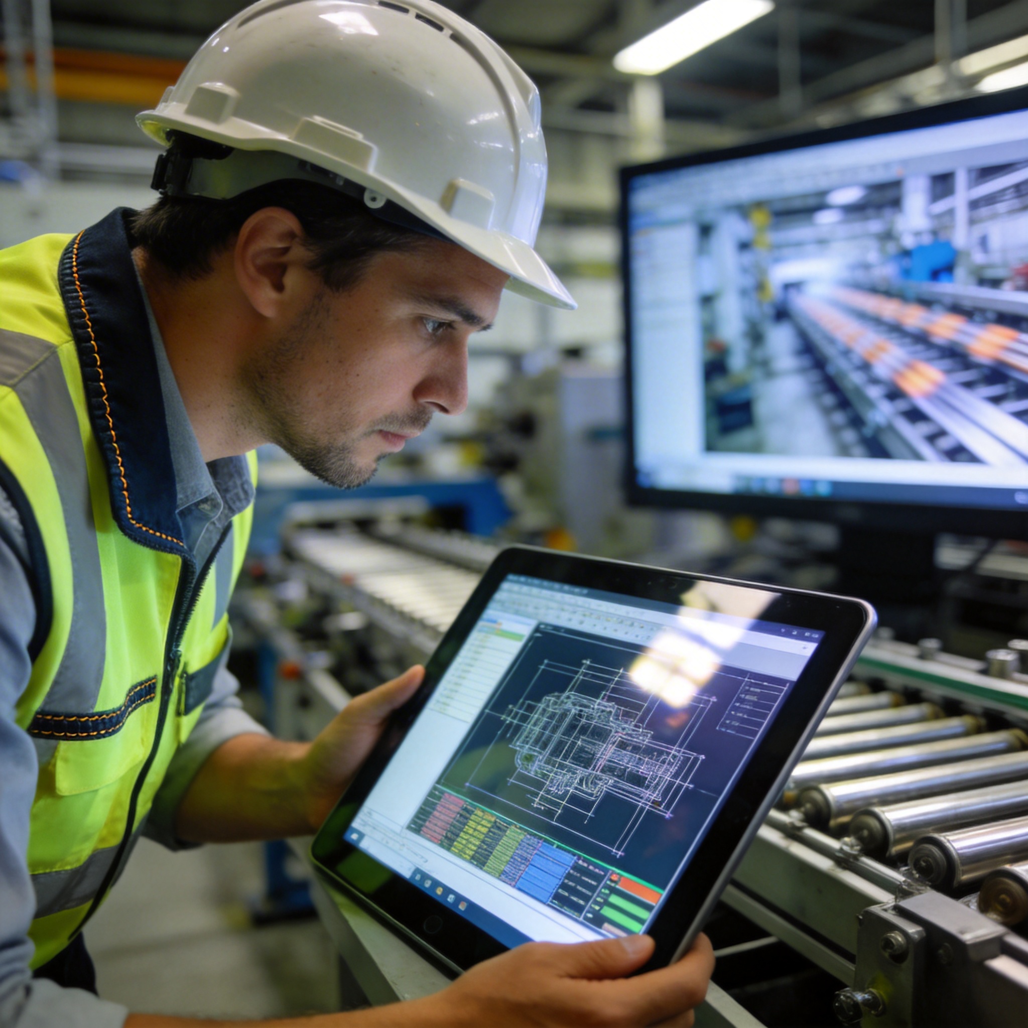 Engineer viewing CAD drawing on tablet, with production line and video screen in background, illustrating multi-modal data challenge.