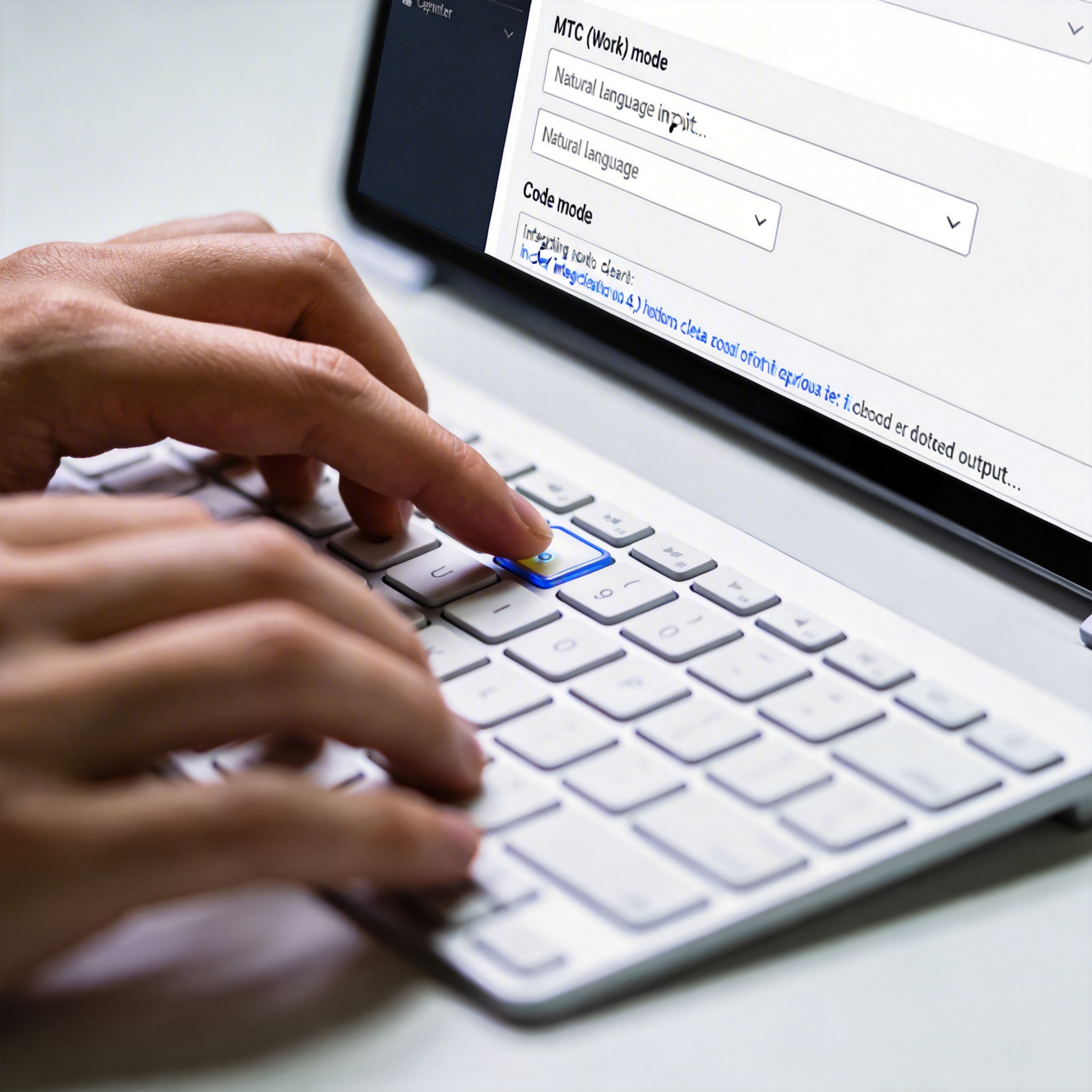 Close-up of hands interacting with a minimalist desktop application interface, showing 'Work' and 'Code' modes.