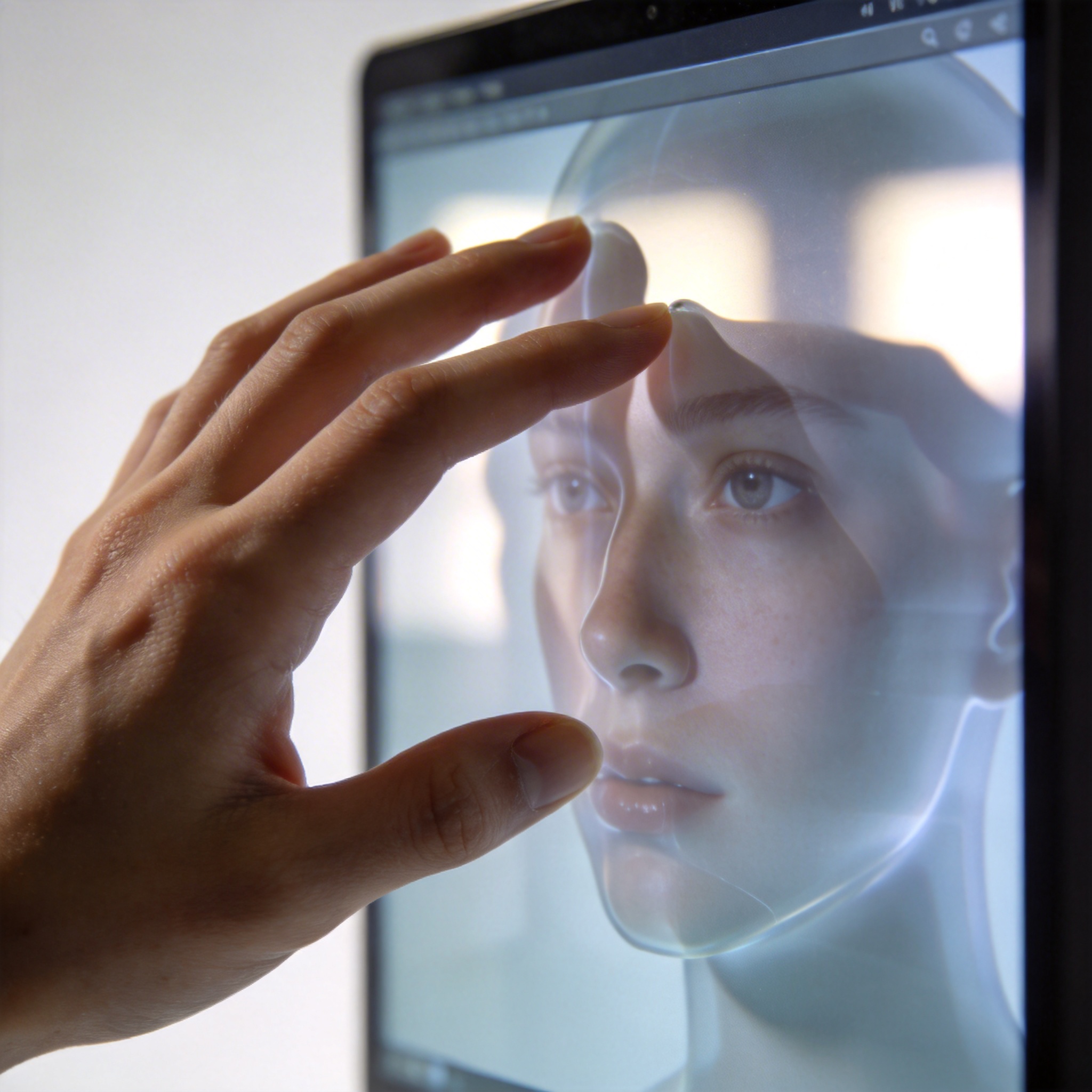 Hand interacting with a distorted digital image, symbolizing AI image modification limitations.