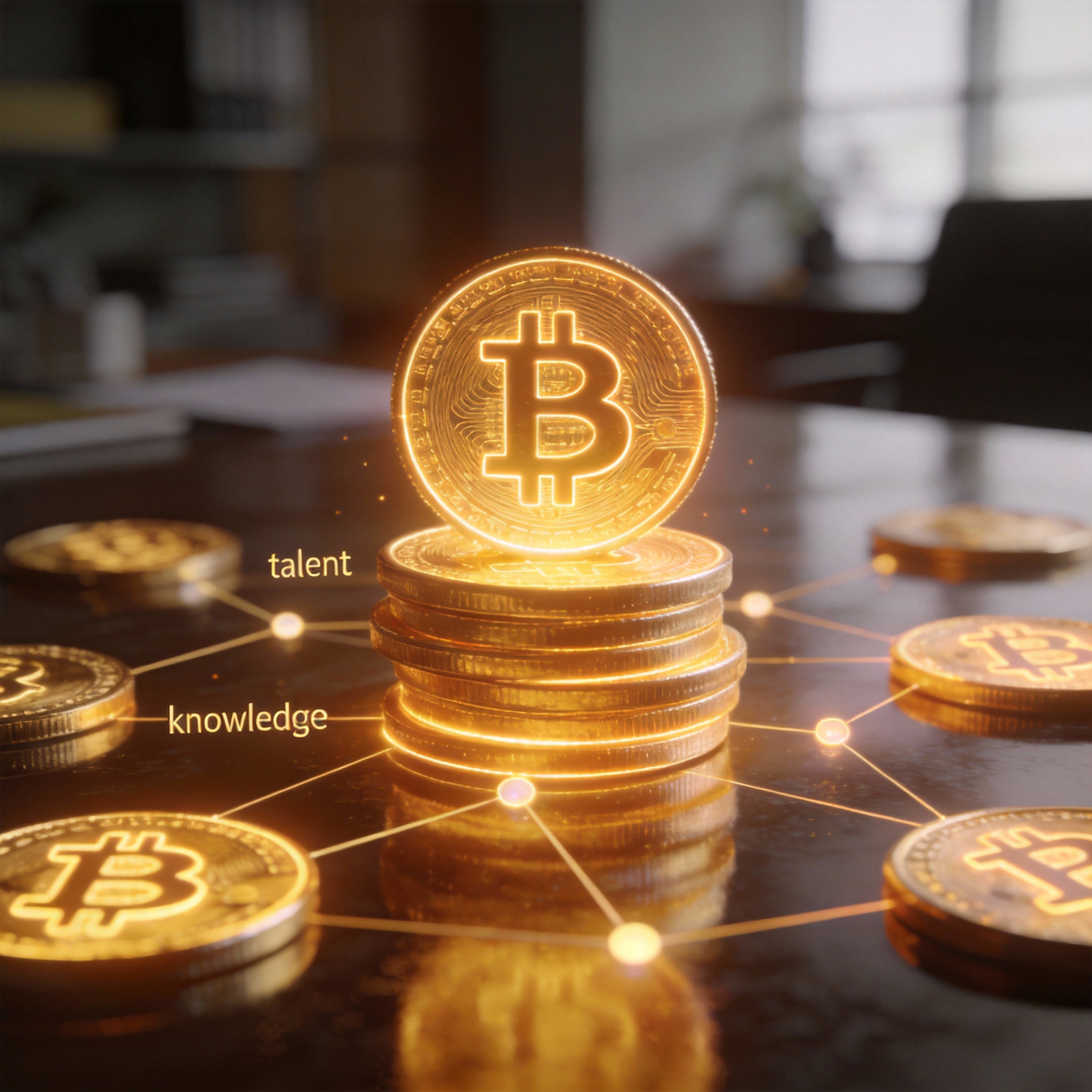Stylized digital currency symbols and glowing data nodes, representing high compensation and retention bonuses in AI.
