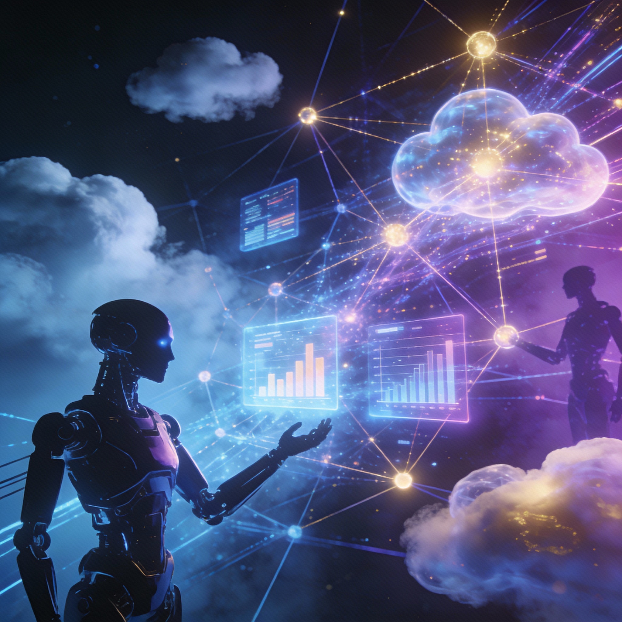 Abstract visualization of the future of AI applications and interconnected technologies.
