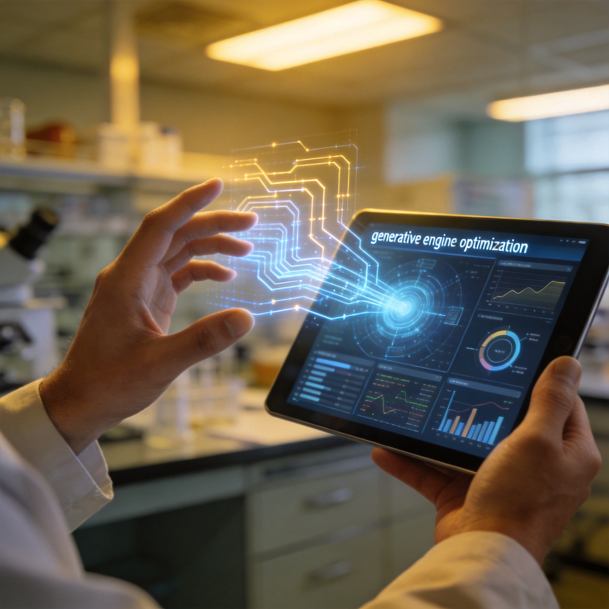 Researcher's hands interacting with a tablet and holographic projection, illustrating generative engine optimization.