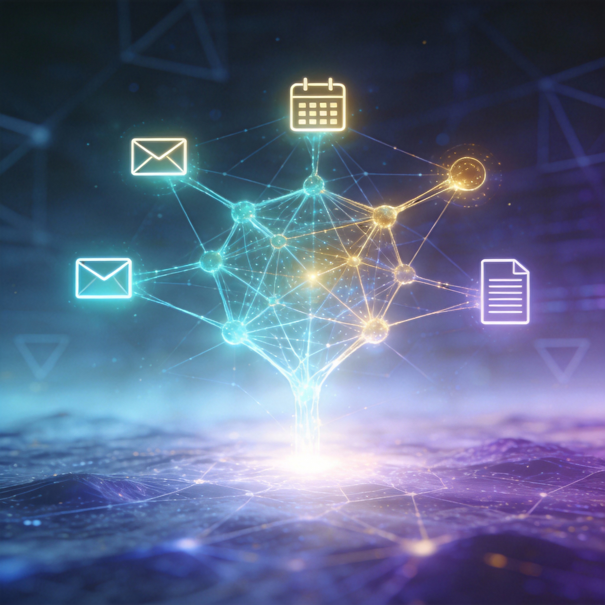 Abstract visualization of AI capabilities expanding beyond coding to tasks like email management and scheduling.