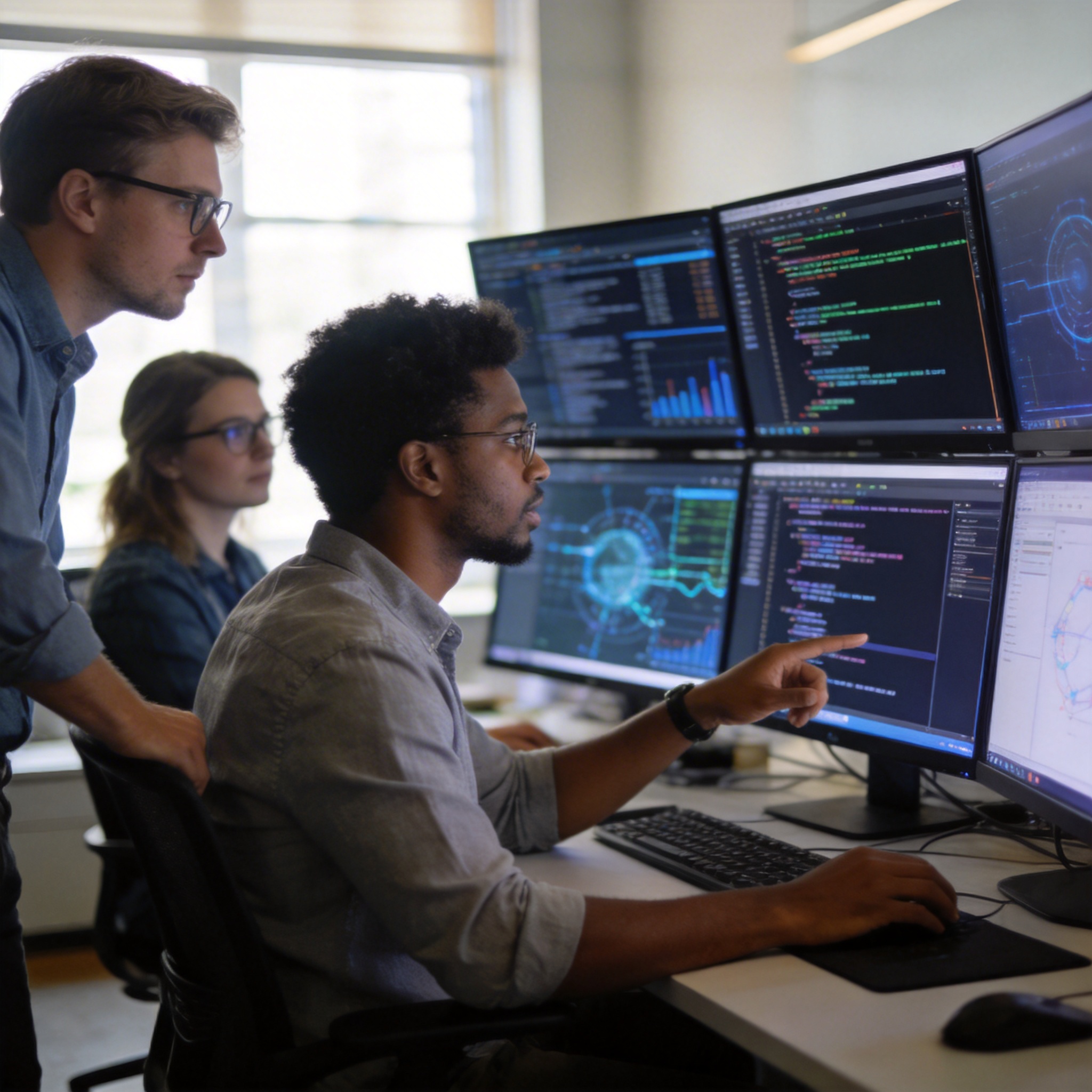 AI researchers focused on development, free from cluster troubleshooting, in a modern office.