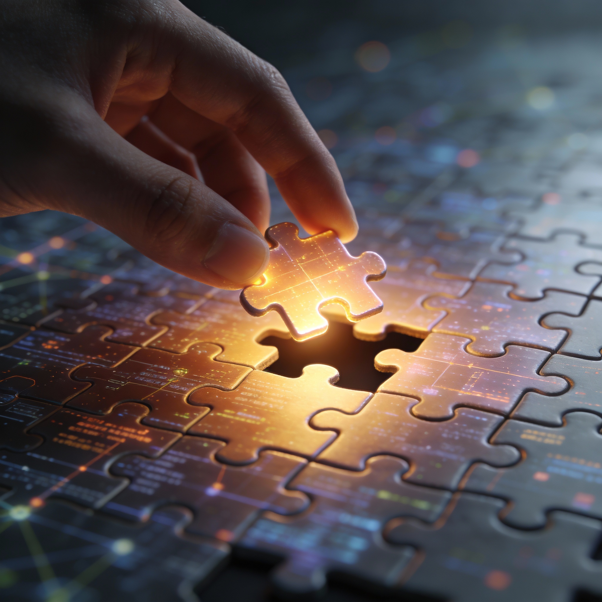 Hand placing a glowing puzzle piece into a digital puzzle, symbolizing AI insights.