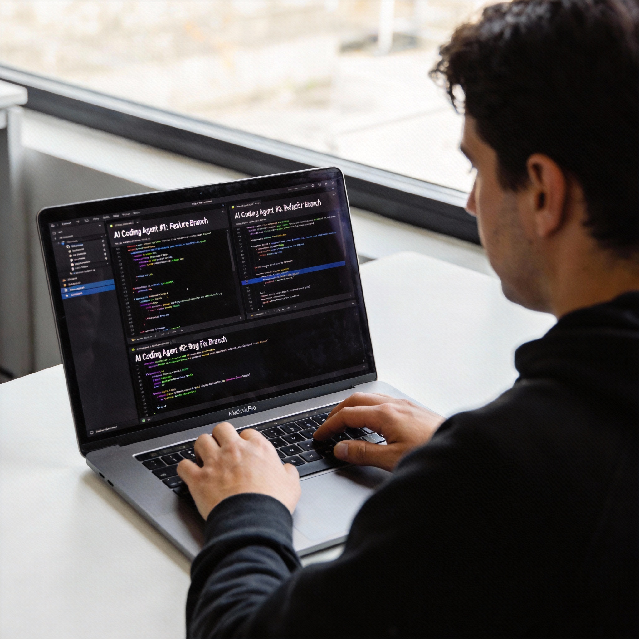 Software engineer using the Codex Desktop App with multiple AI agents working on separate Git branches.