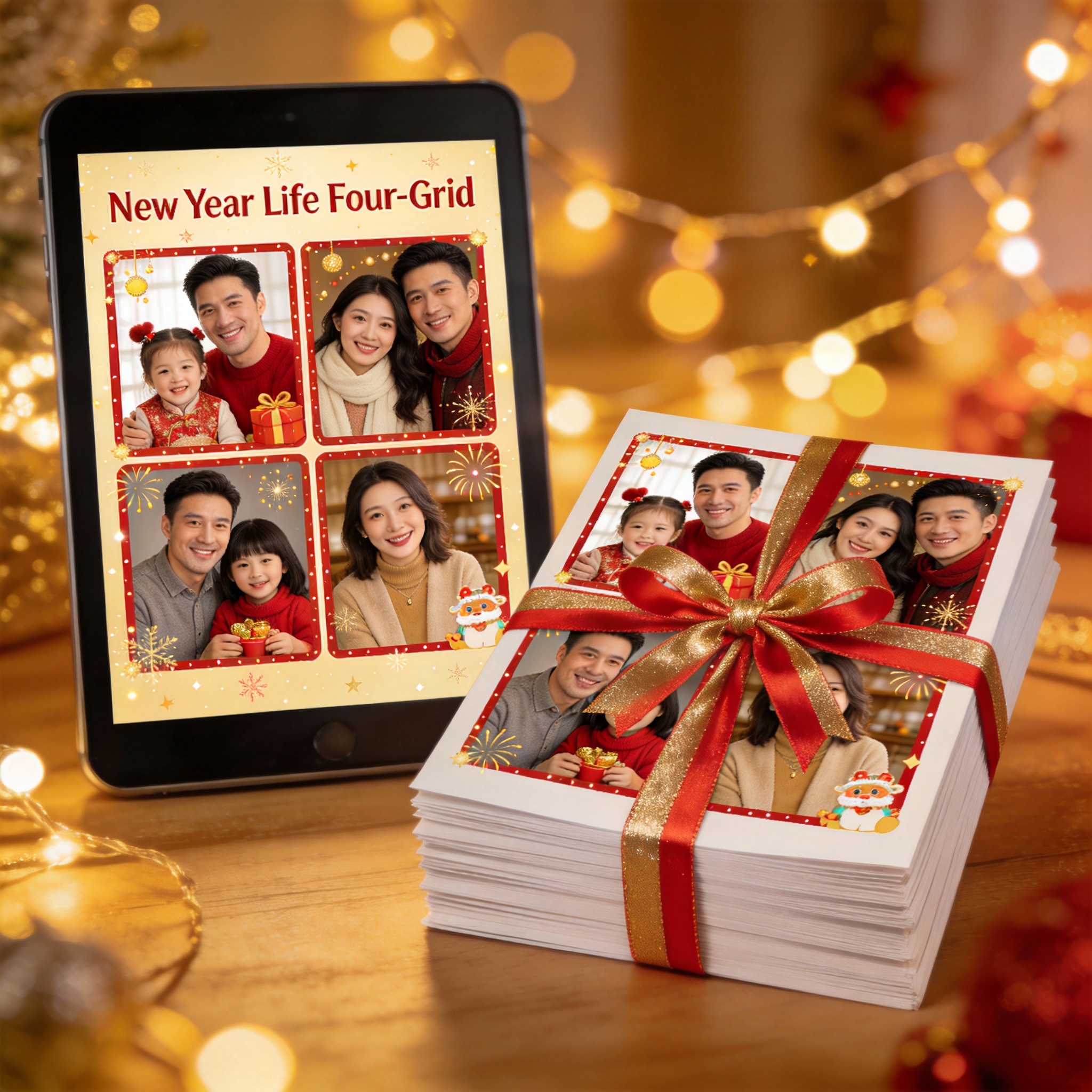 Digital tablet showing a New Year photo grid and corresponding physical prints.