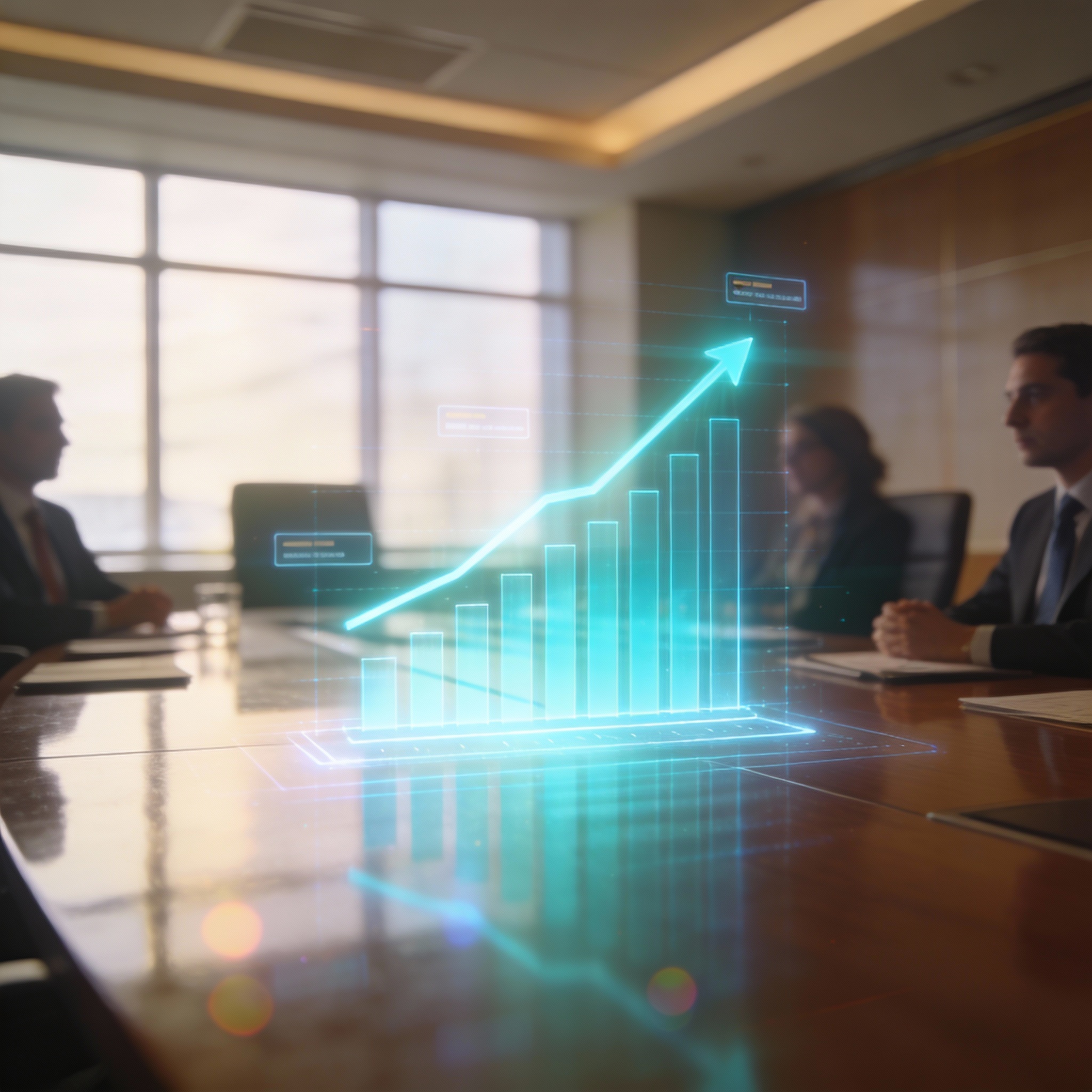 Holographic bar chart showing high valuation in a modern conference room, symbolizing a significant business acquisition.