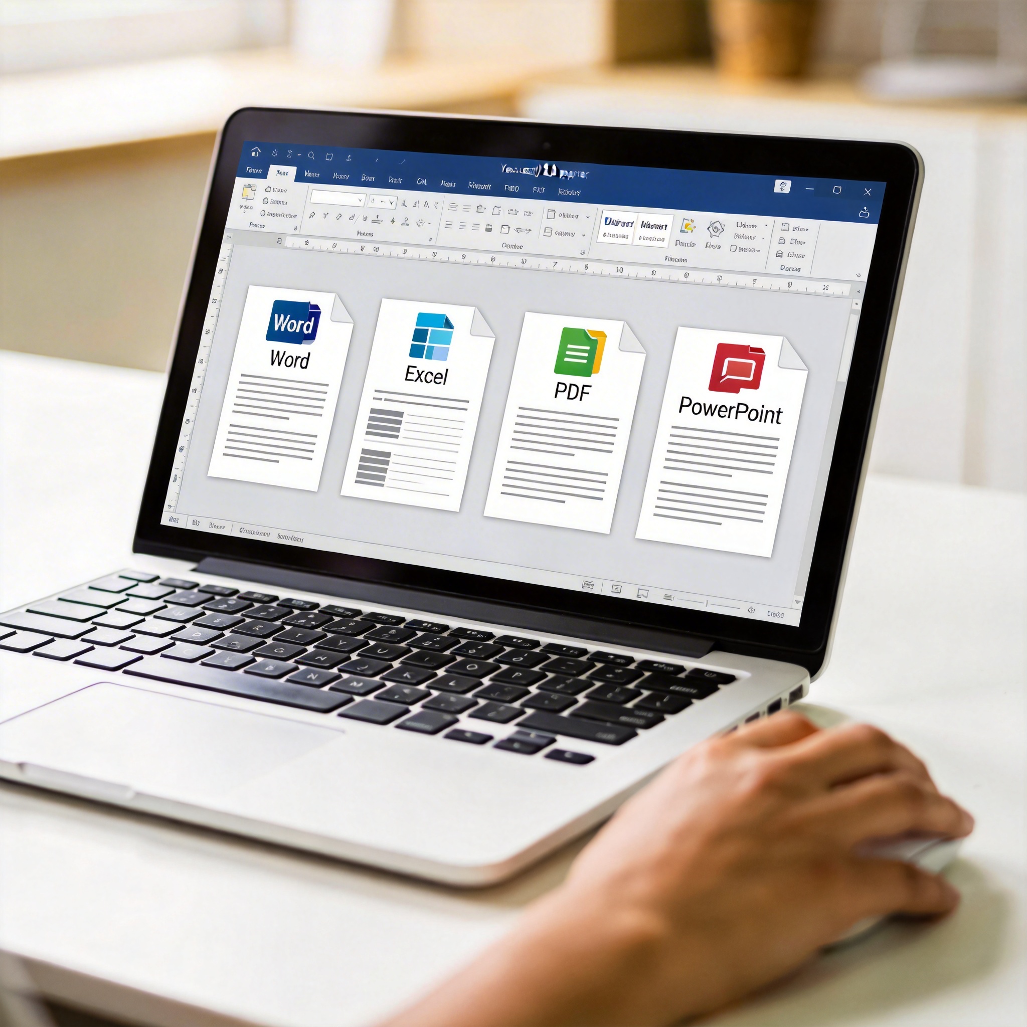 Laptop screen showing well-formatted Word, Excel, PDF, and PowerPoint documents.