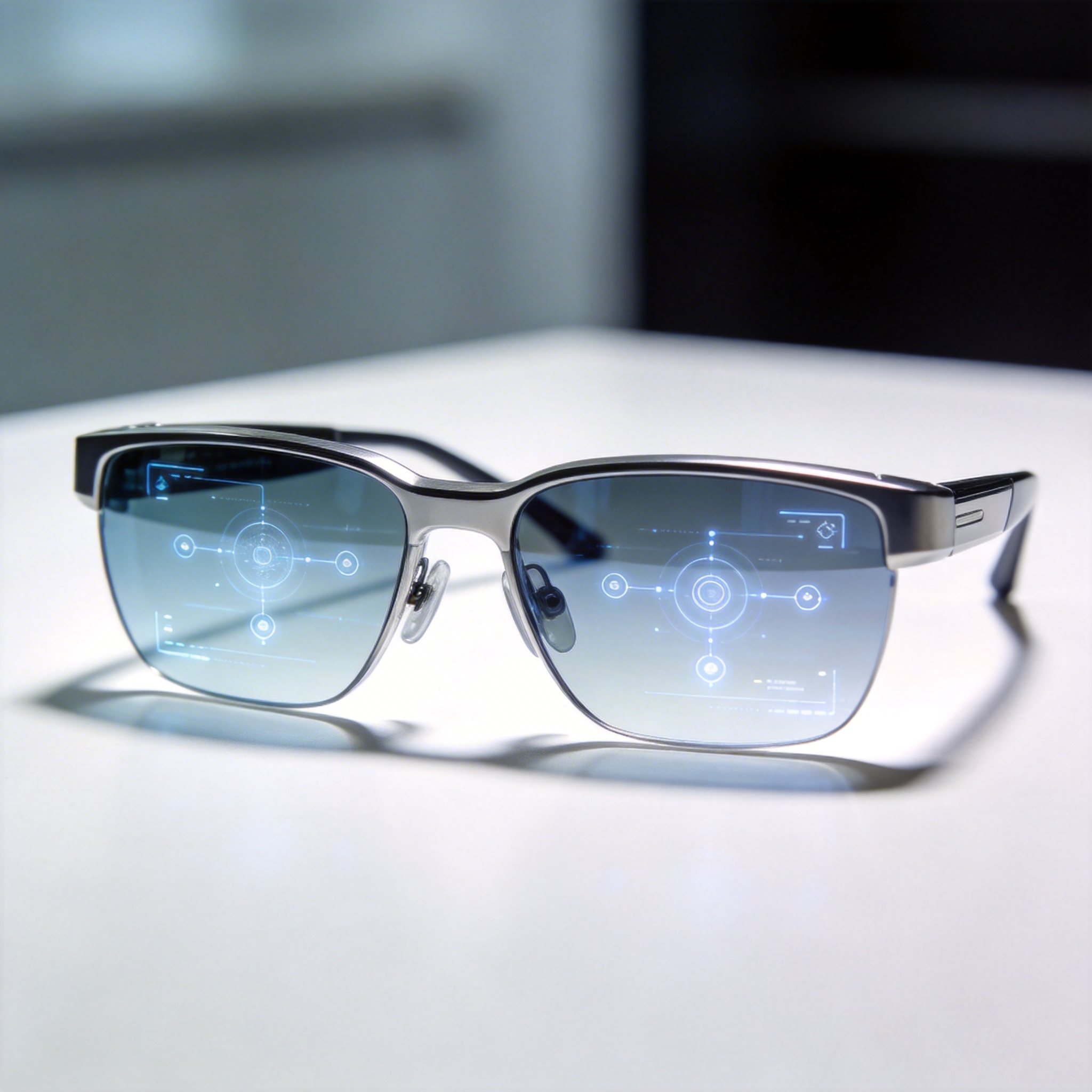 Sleek, futuristic smart glasses with subtle augmented reality overlays on the lenses, on a white surface.
