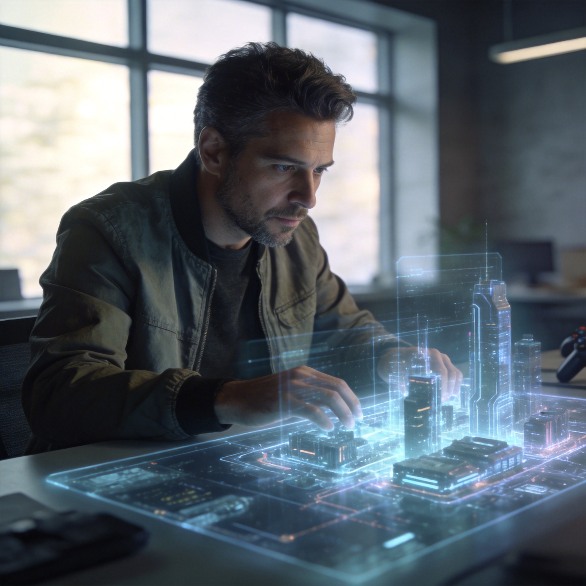 ゲームコントローラーでオープンワールドの宇宙探索ゲームをプレイする手元