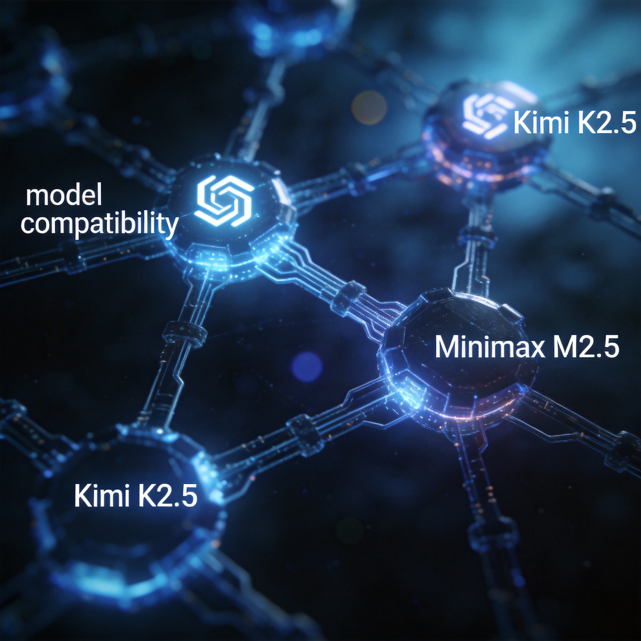 Abstract network of glowing nodes representing different AI models, symbolizing compatibility and integration.