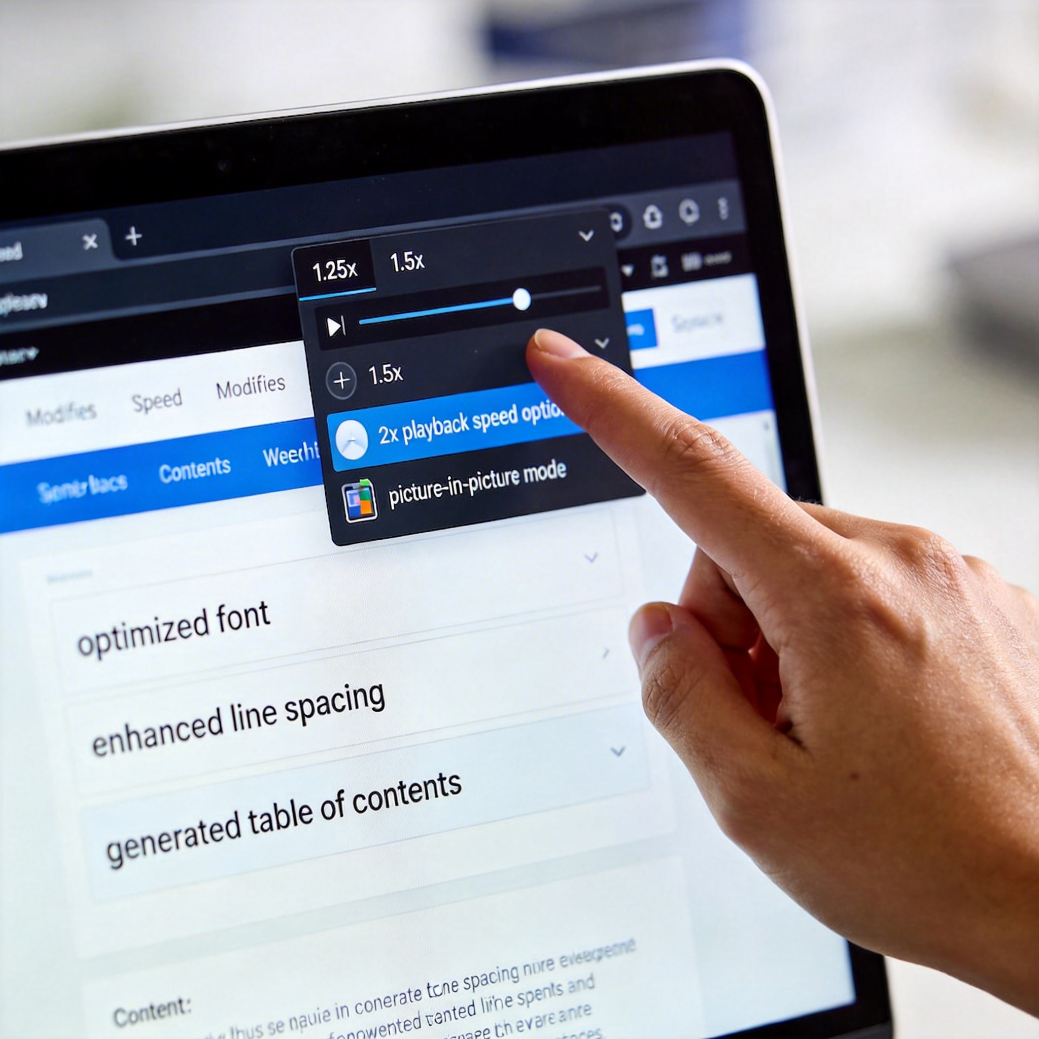 Web browser displaying customized web pages with enhanced readability and video playback features.