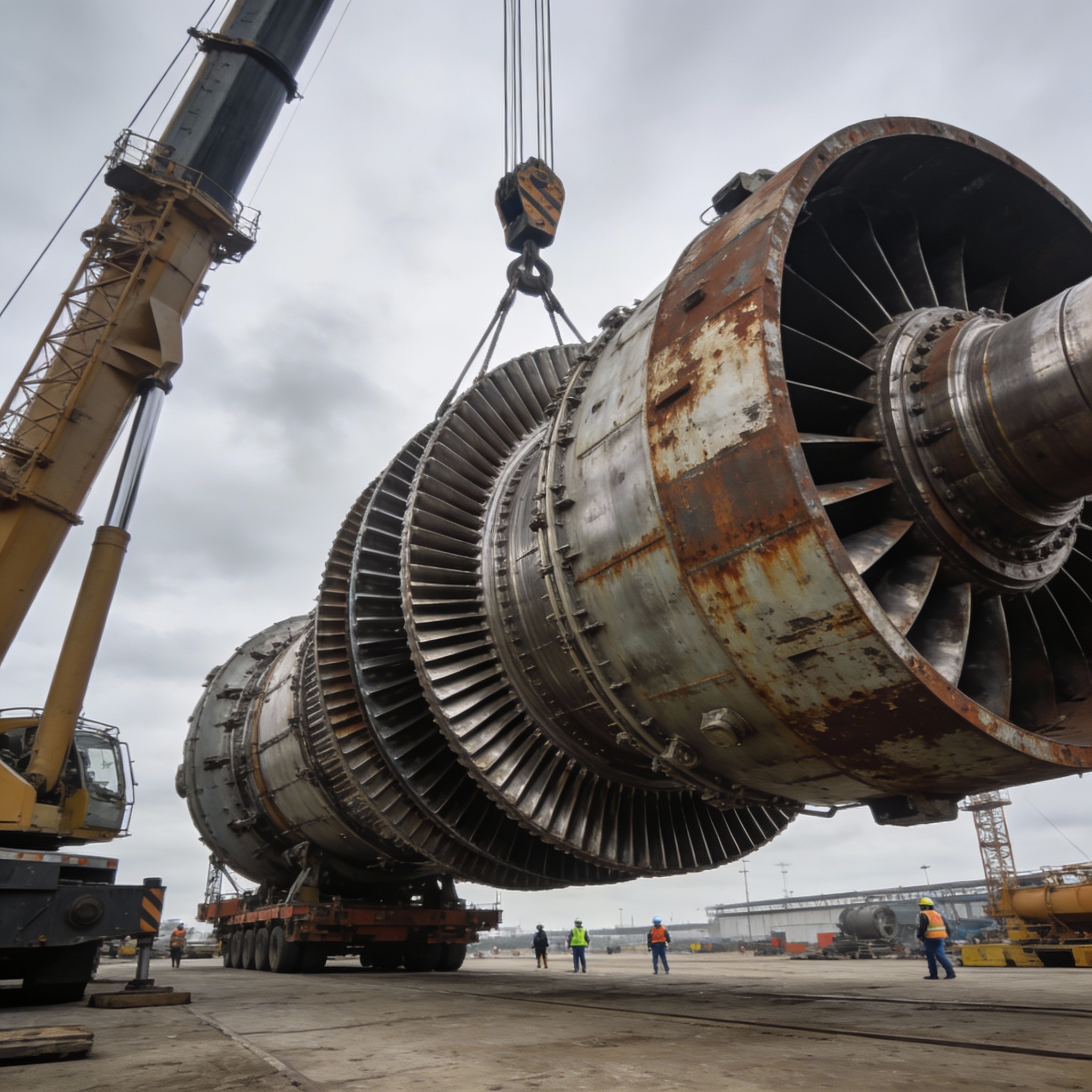 A massive gas turbine component being lifted by a crane in an industrial yard, illustrating supply chain challenges.