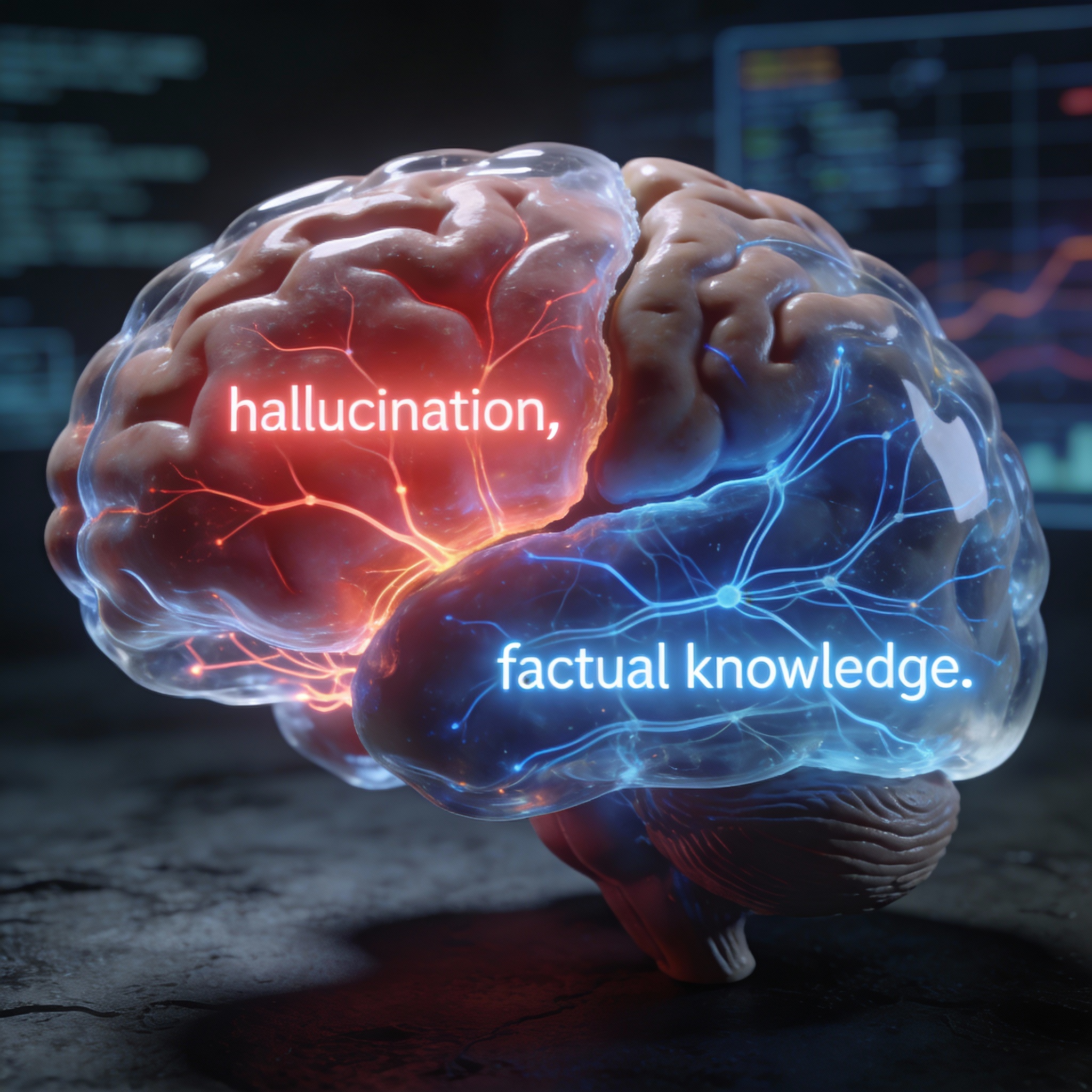 Translucent brain model with red glow for hallucination and blue for factual knowledge.