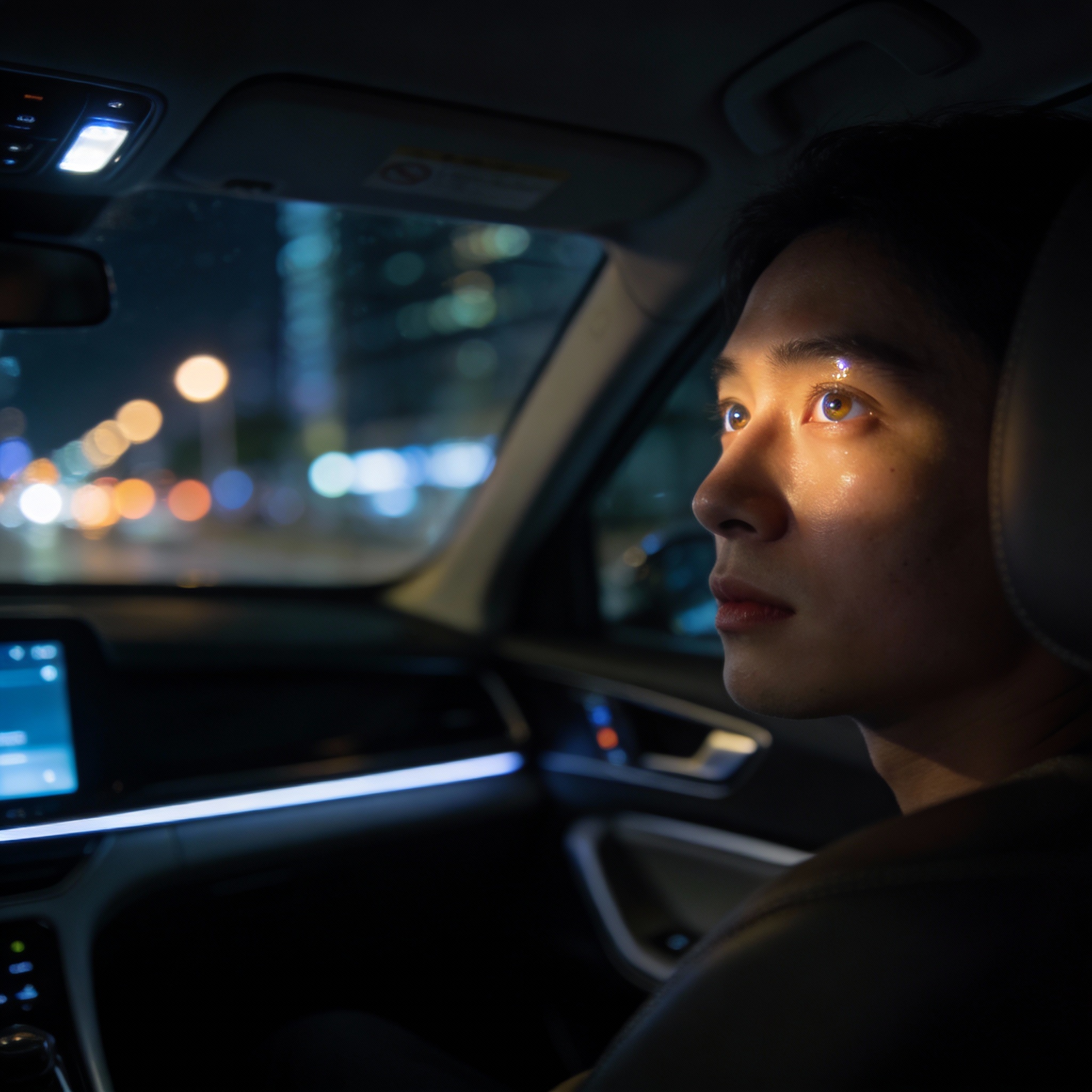 A passenger in the back of a modern car at night, their face softly lit, showing a calm, reflective expression.