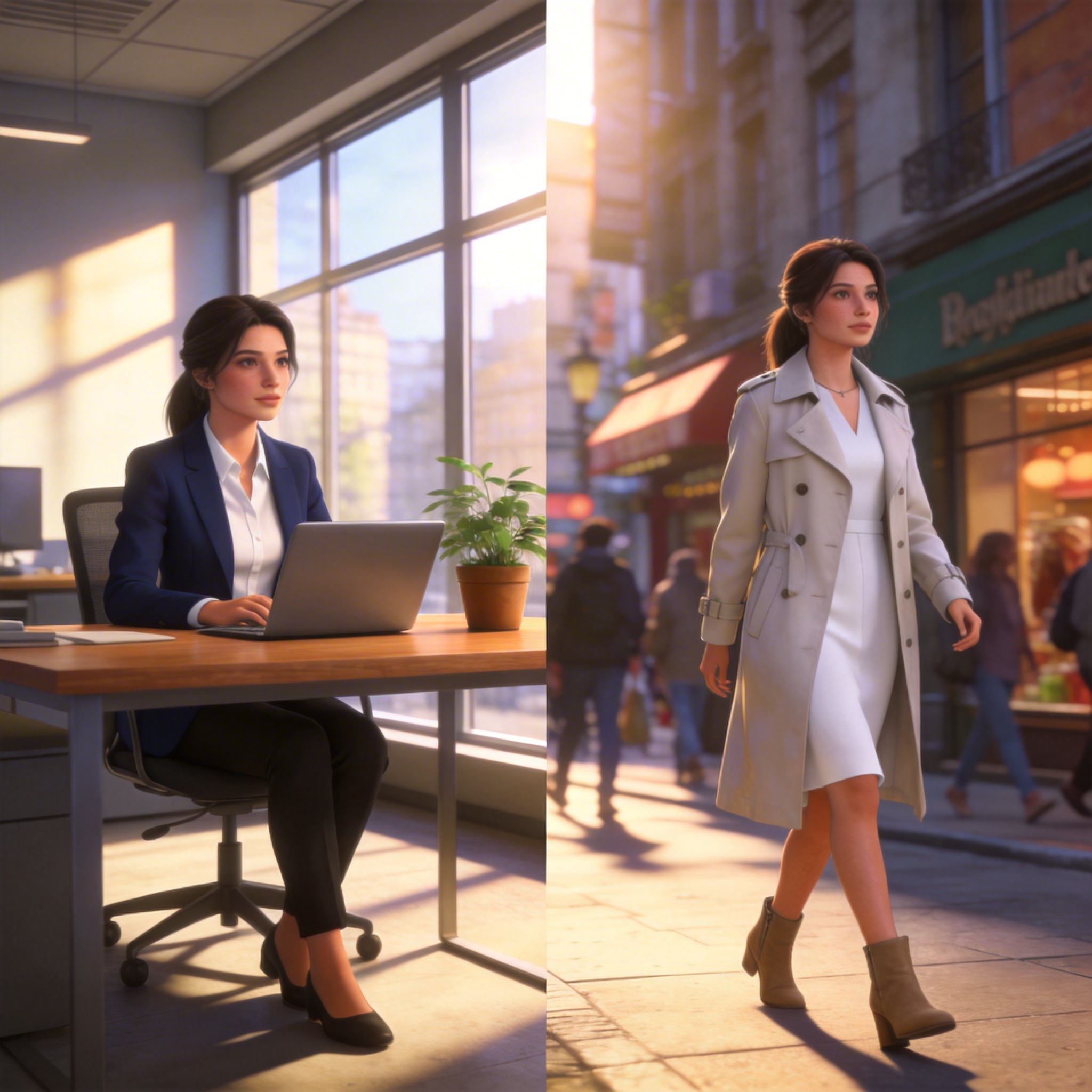 Split image showing the same character in an office and on a city street, demonstrating AI's character consistency.