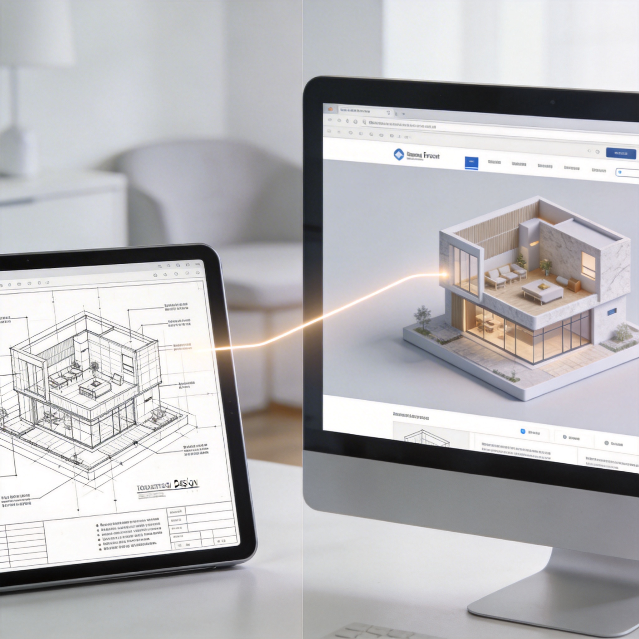Split screen showing a design draft transforming into a generated 3D model or webpage, illustrating visual agent applications.