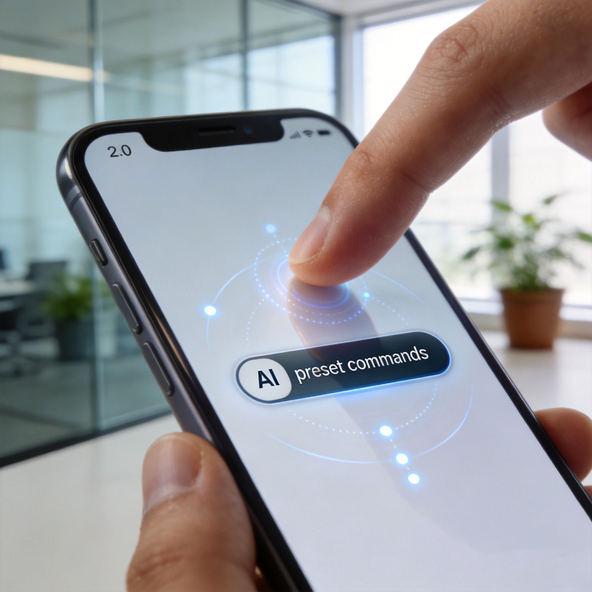 Smartphone screen showing 'preset commands' interface, replacing a traditional AI button, with a thumb poised to interact.