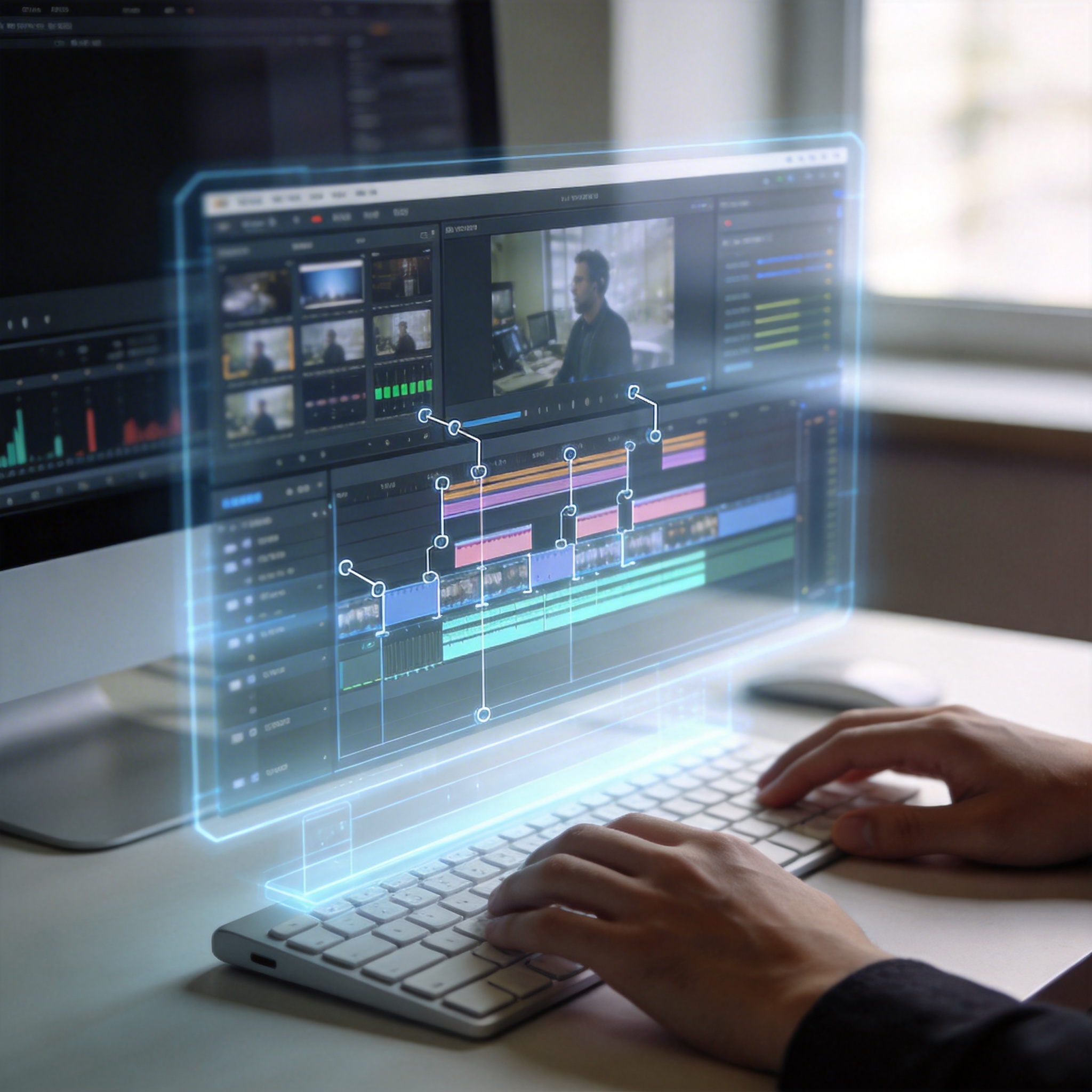 Holographic video editing timeline with automated segment assembly, illustrating Seedance 2.0's capabilities.