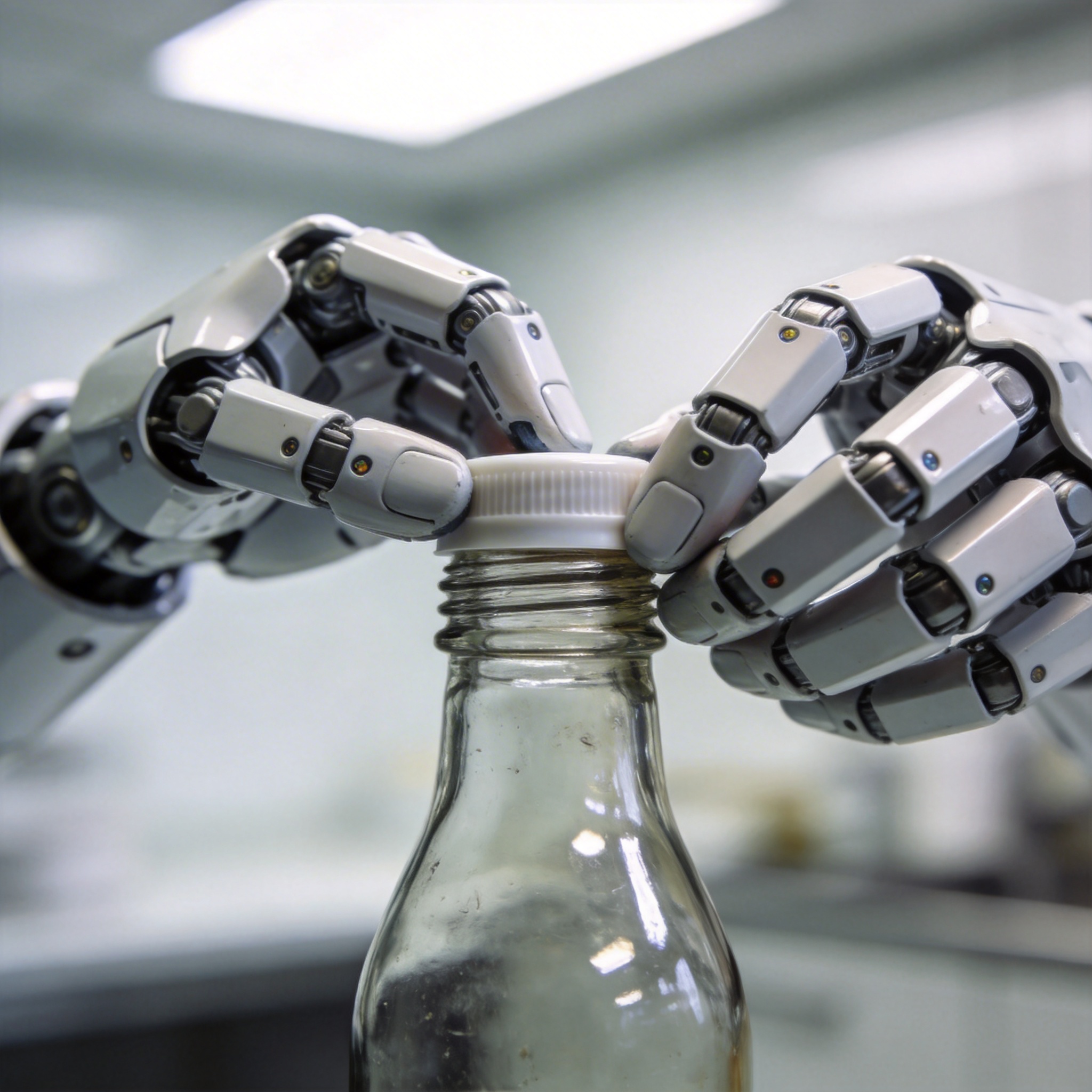 Robot hands precisely unscrewing a bottle cap.