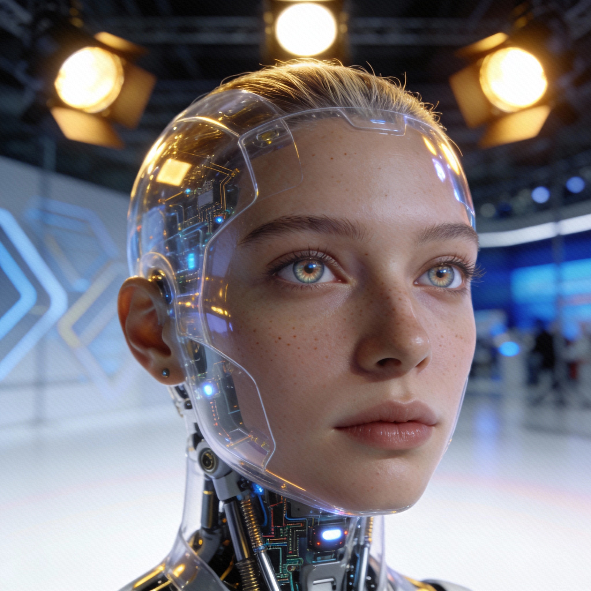Close-up of a highly detailed bionic robot head with realistic skin and subtle facial expressions.