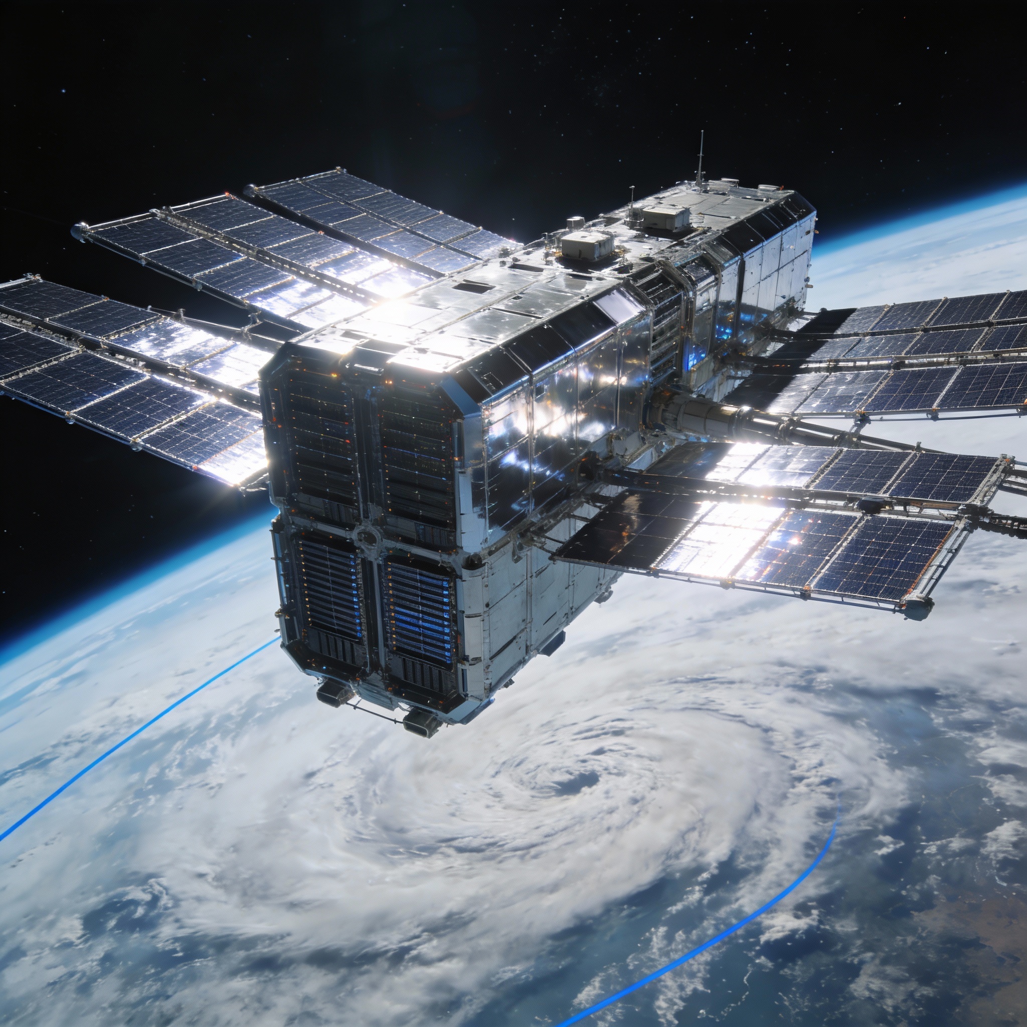 Conceptual rendering of a solar-powered orbital data center floating above Earth.