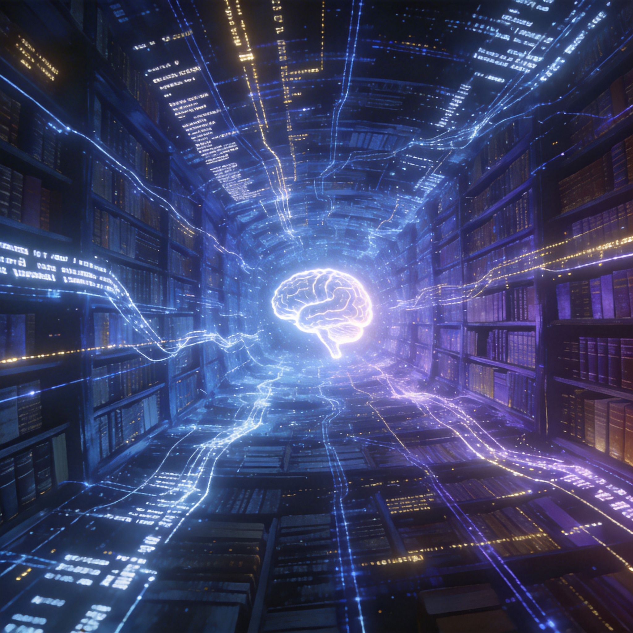 Abstract digital library with flowing data lines converging into a glowing core, symbolizing expanded context.
