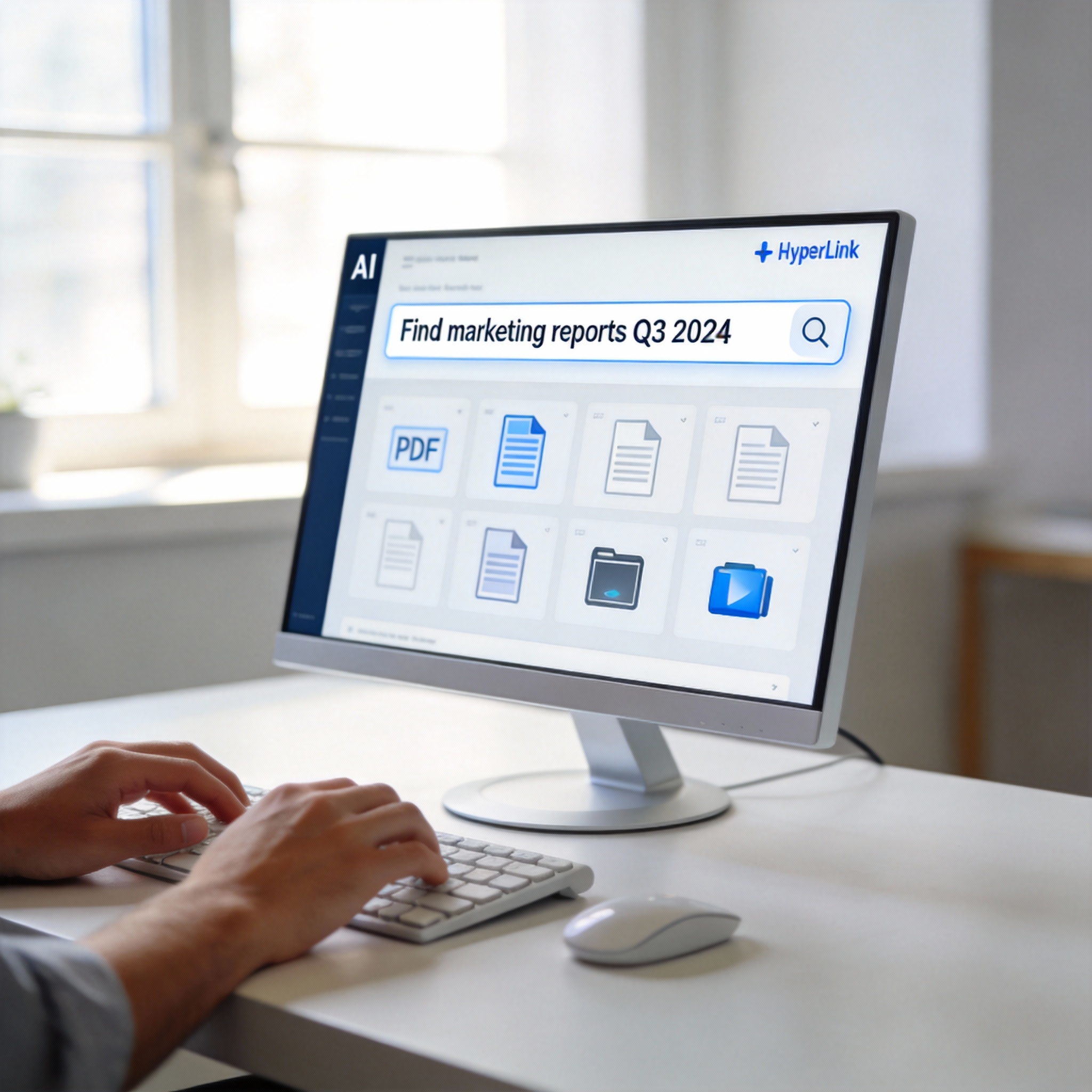 User interacting with an AI PC displaying a search interface, symbolizing Nexa.ai's HyperLink local search agent.