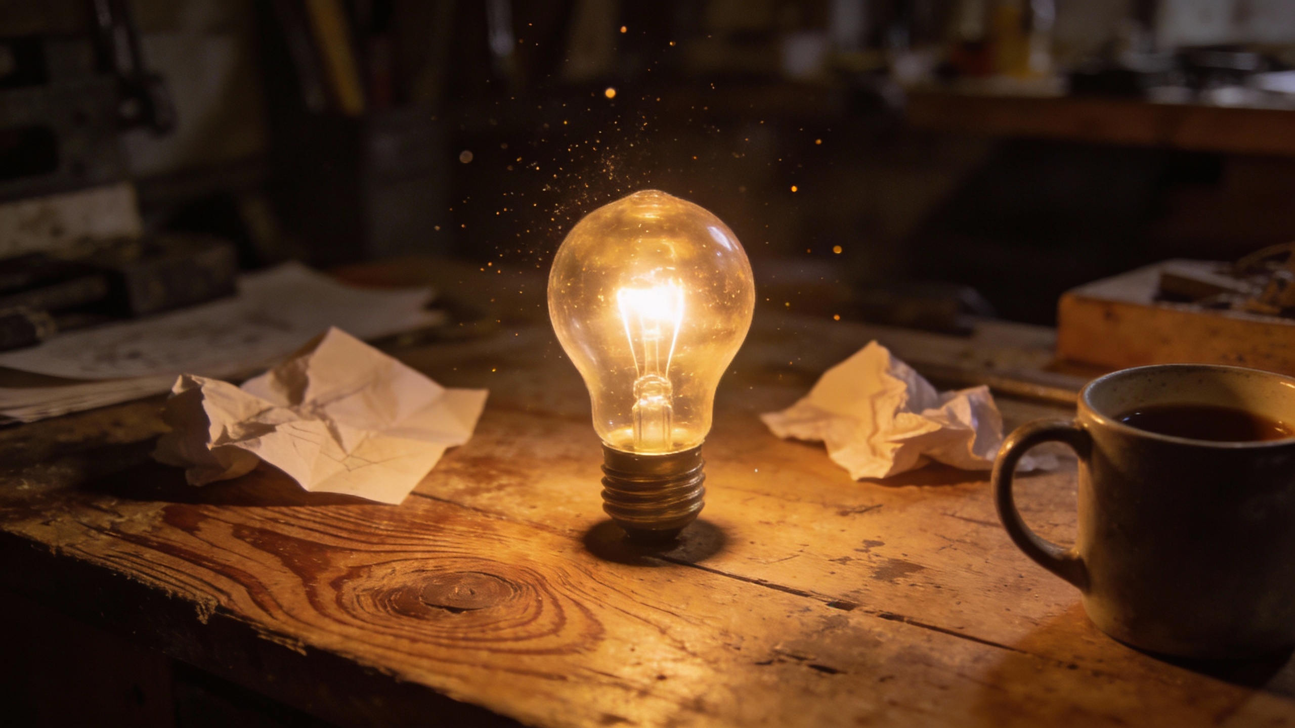 A glowing lightbulb on a cluttered desk, symbolizing a nascent idea or innovation.