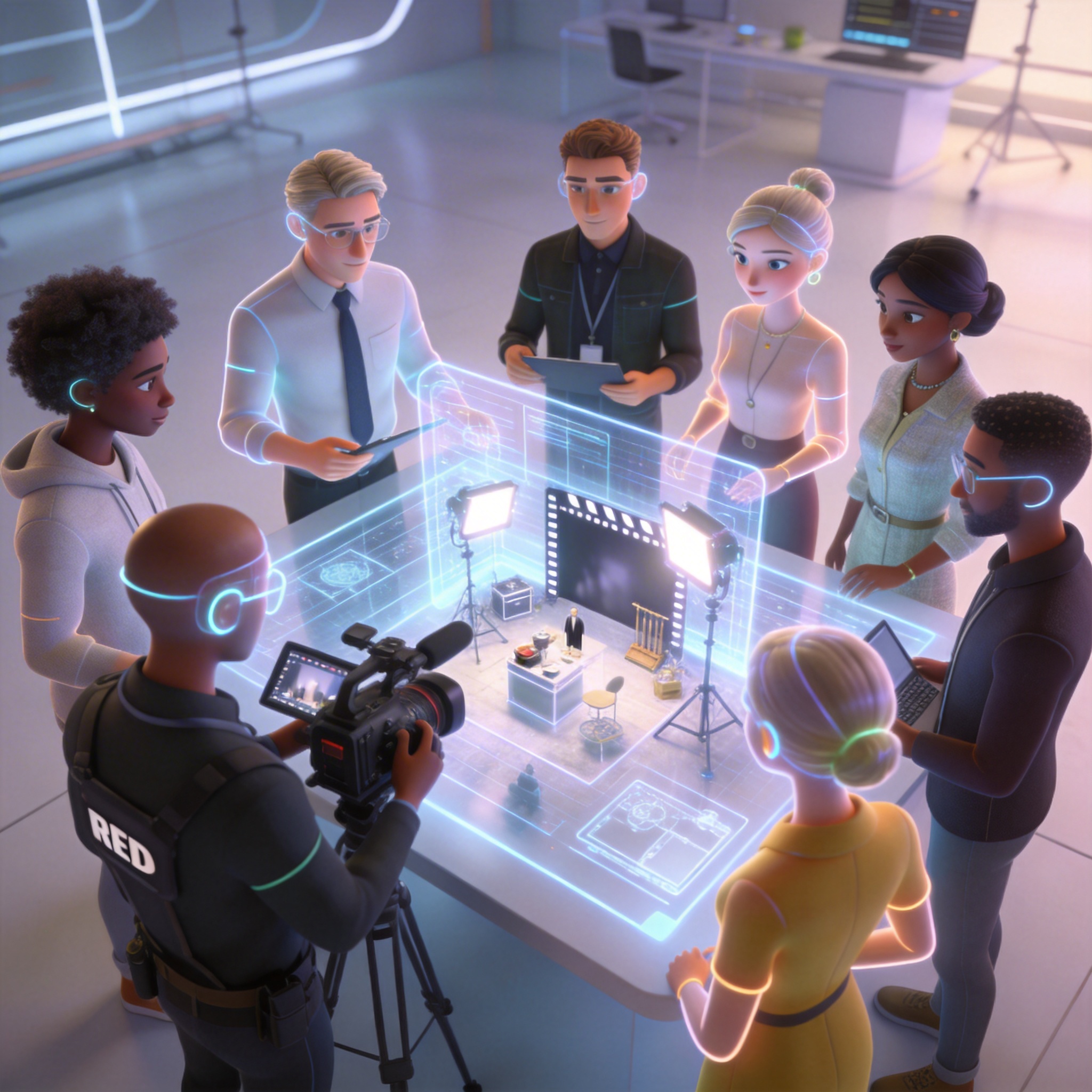 Virtual film crew avatars collaborating around a holographic film scene projection.