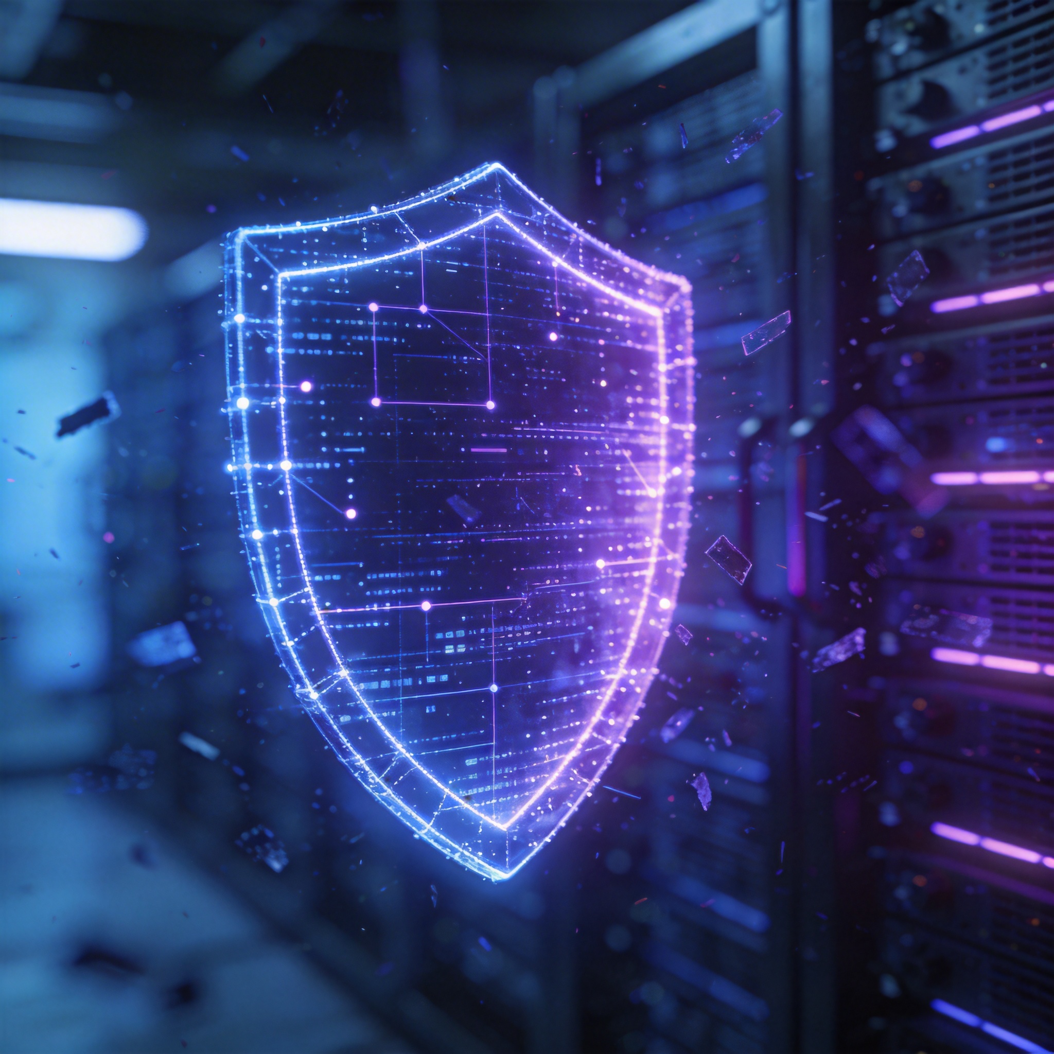 Abstract digital shield deflecting fragmented digital threats, symbolizing security patches and protection.