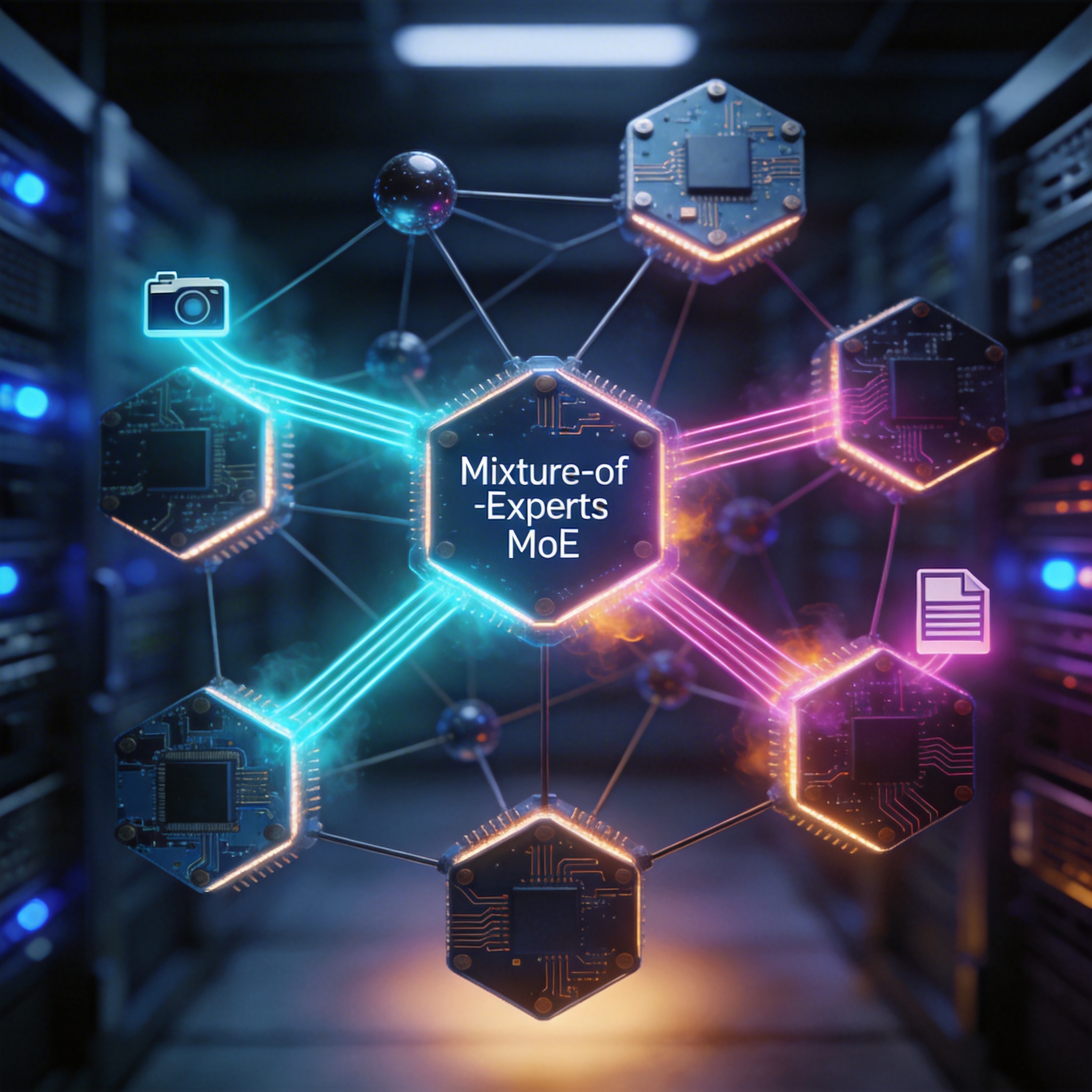 Visual representation of a Mixture-of-Experts (MoE) neural network, showing active and inactive expert modules.