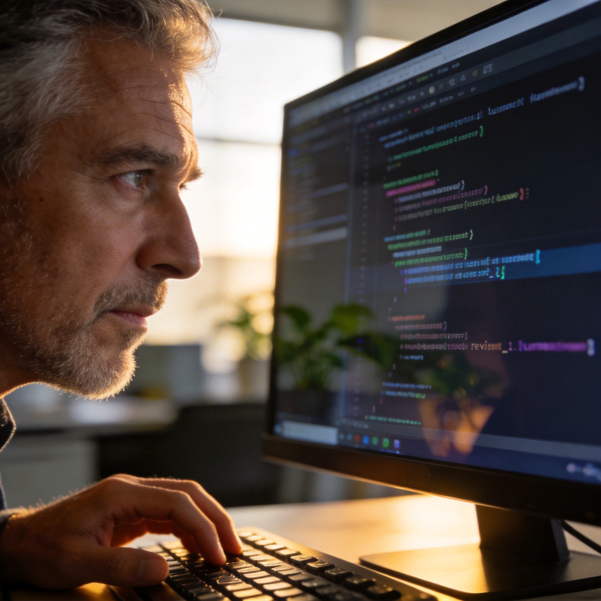 Senior software engineer meticulously reviewing AI-generated code on a monitor, focusing on quality and potential flaws.