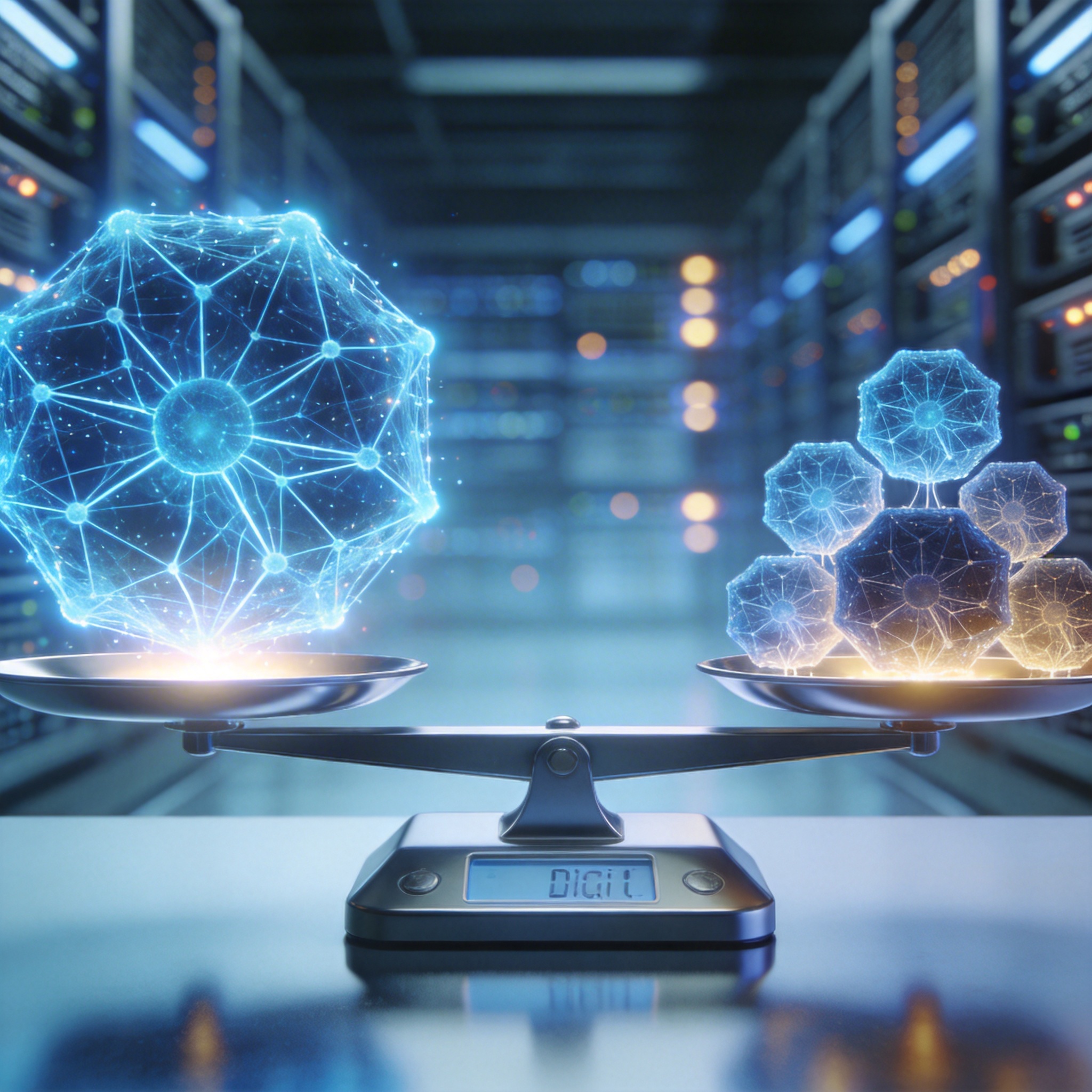 Digital scale balancing large and small AI models, symbolizing cost optimization.