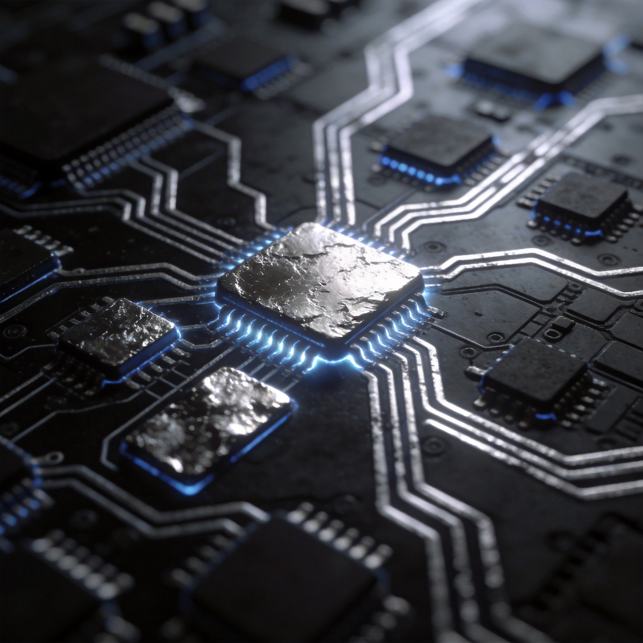 Microscopic view of silicon pathways, some glowing and solidified, representing hardwired AI model weights.