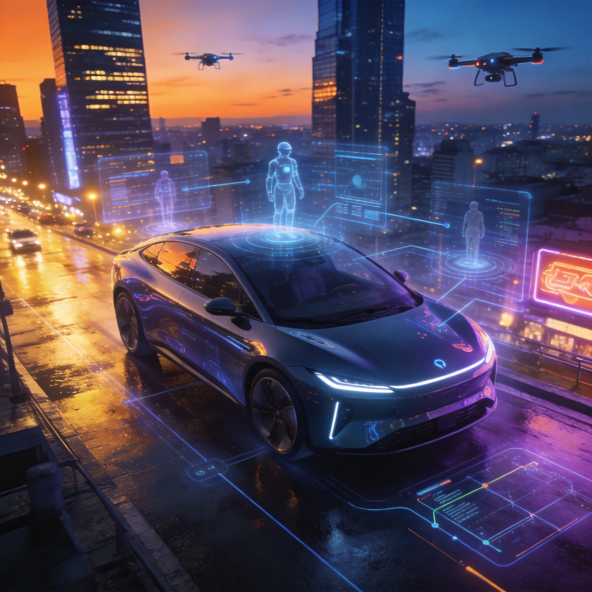 Futuristic electric vehicle driving autonomously through a smart city, with holographic AI interfaces.