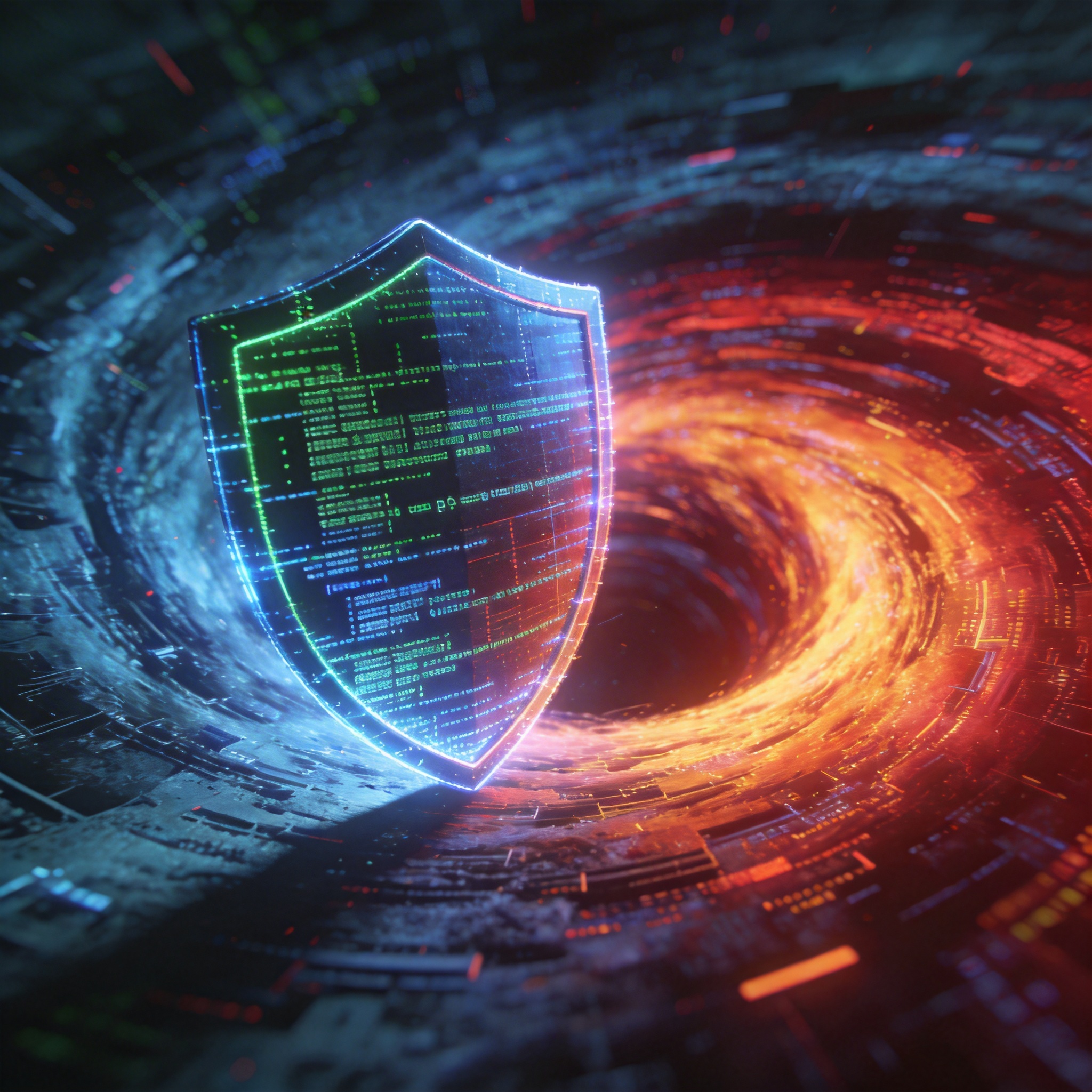 Digital shield made of code protecting against a swirling vortex of data, symbolizing AI safety concerns.