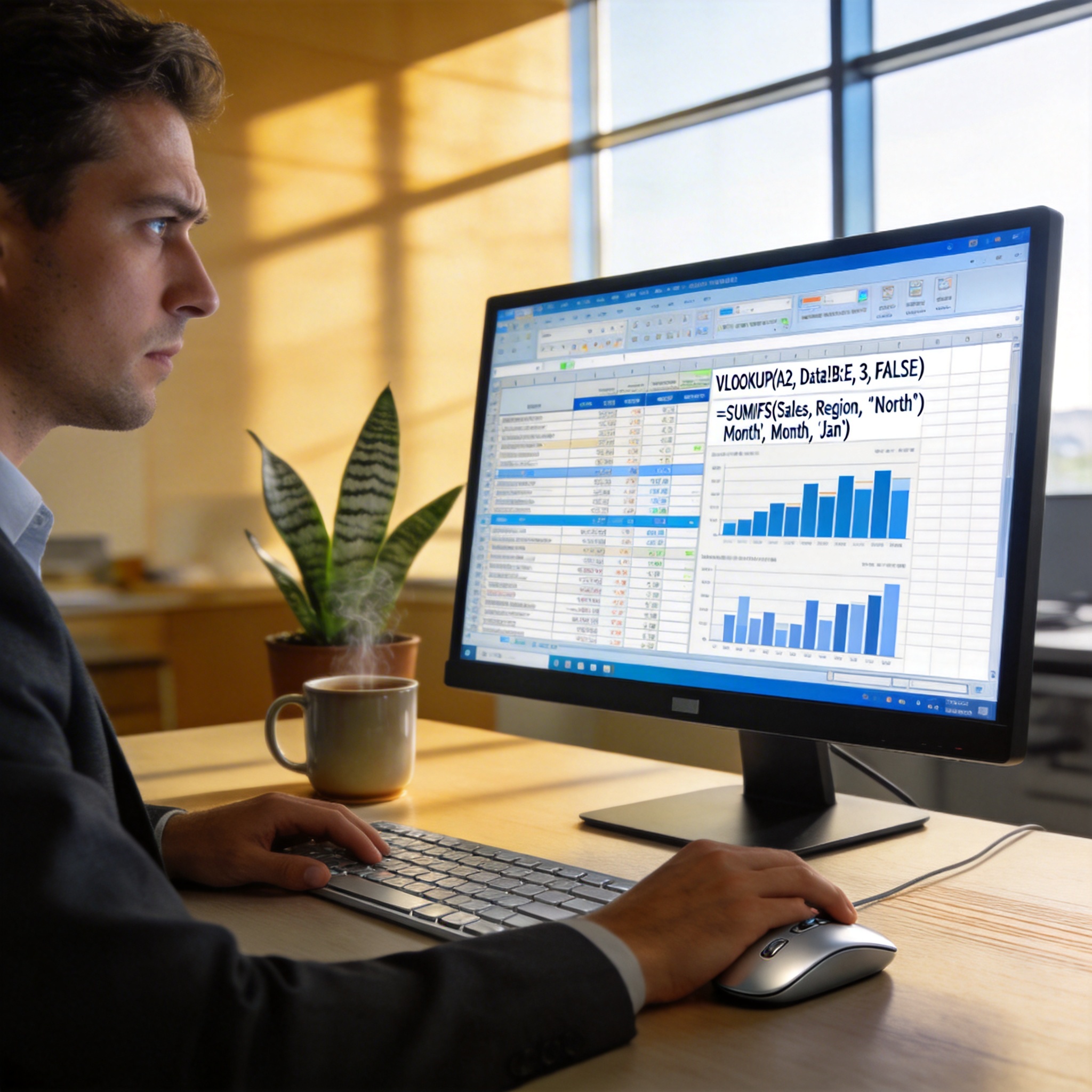 Person analyzing complex Excel data on a monitor, showing data cleaning and analysis.