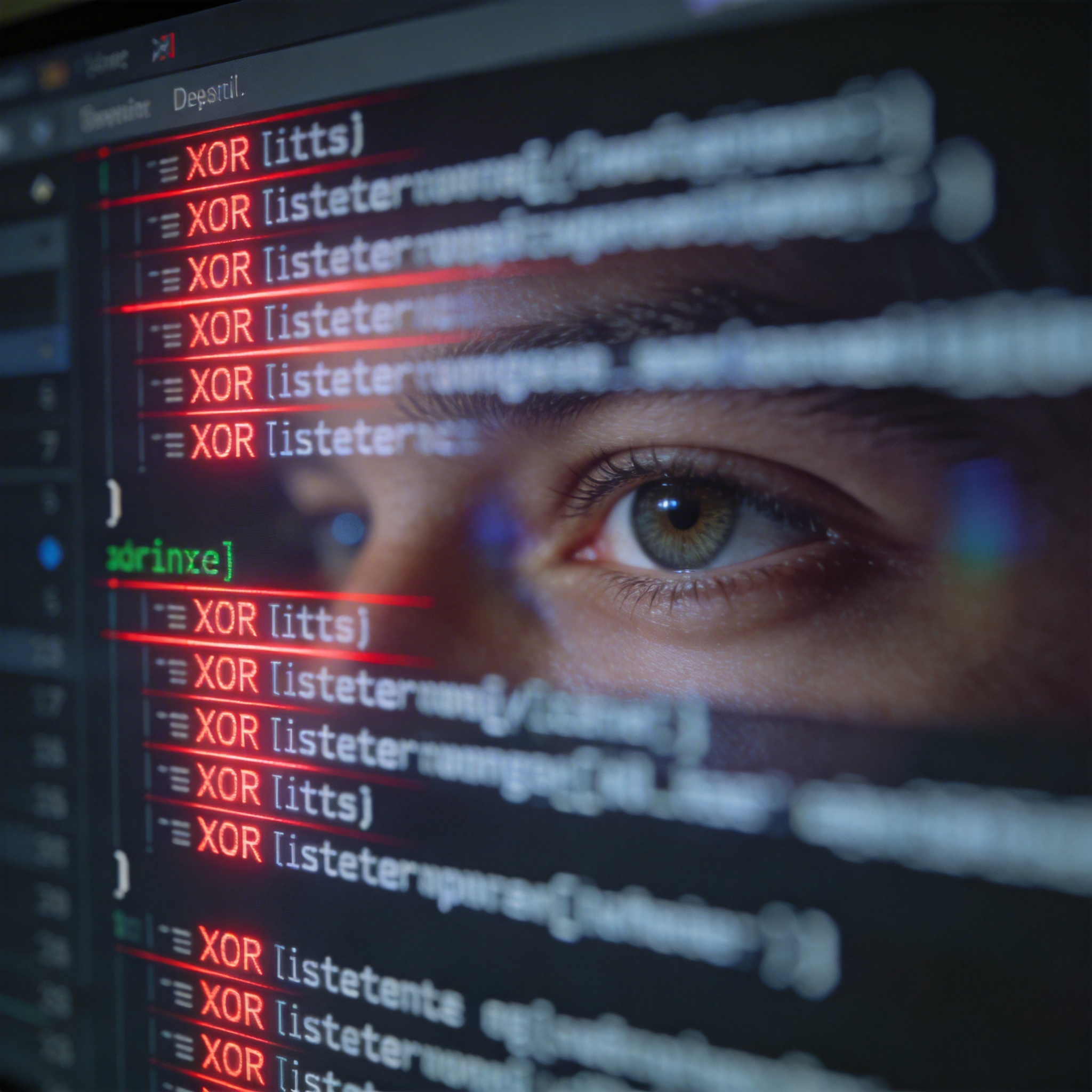 Digital screen showing code with the word 'XOR' appearing multiple times despite a subtle warning highlight.