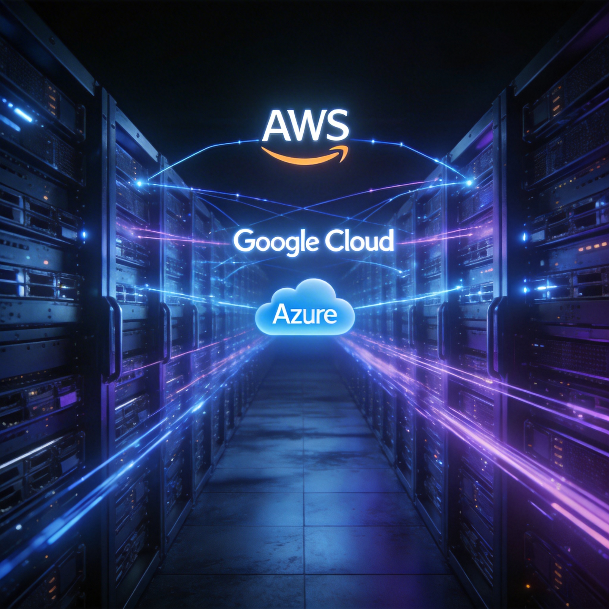 Abstract visualization of a vast, futuristic data center with glowing server racks and interconnected data streams.